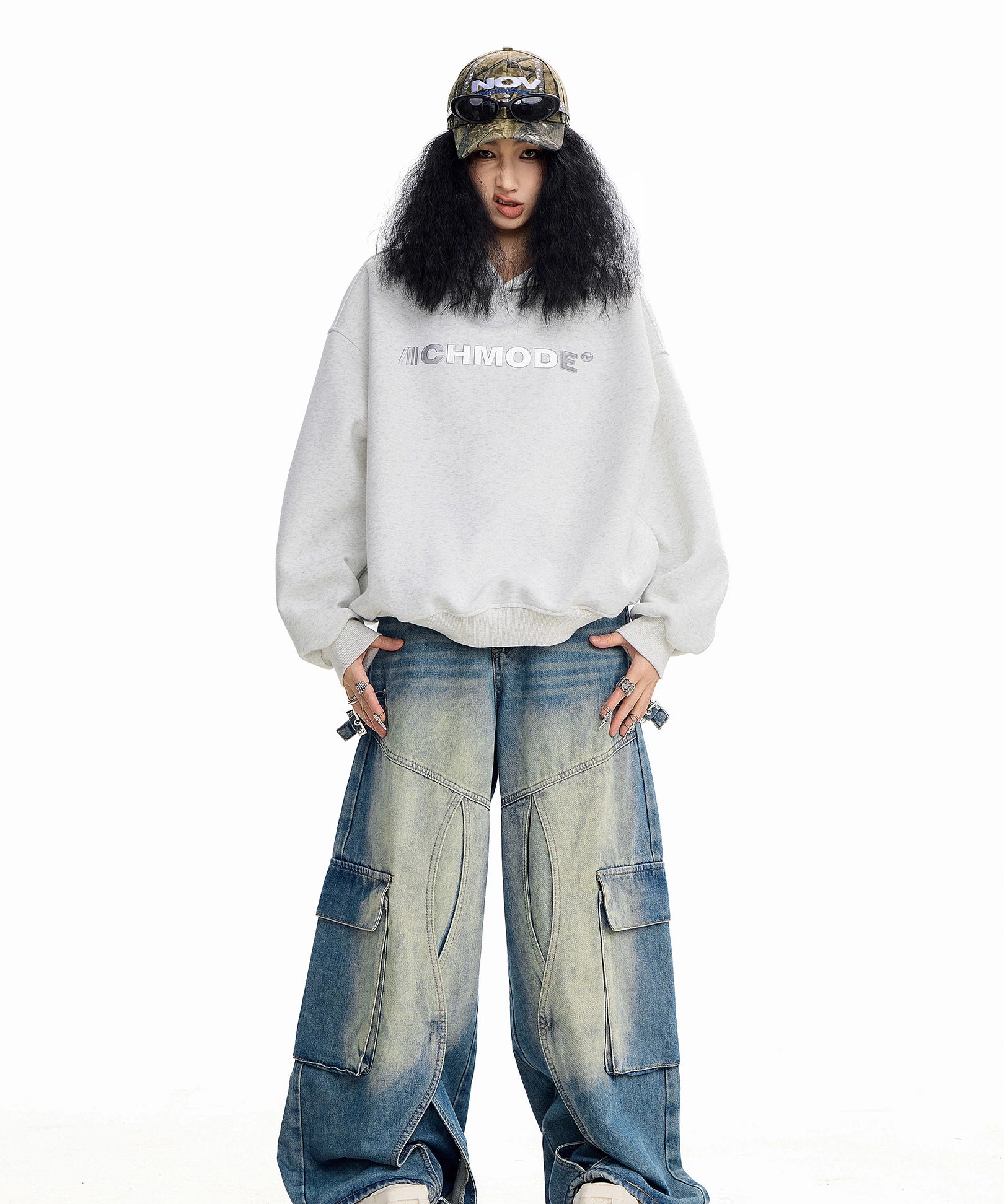 ICH MODE 美式印花黑色连帽卫衣女秋冬宽松流行外套上衣2025新款