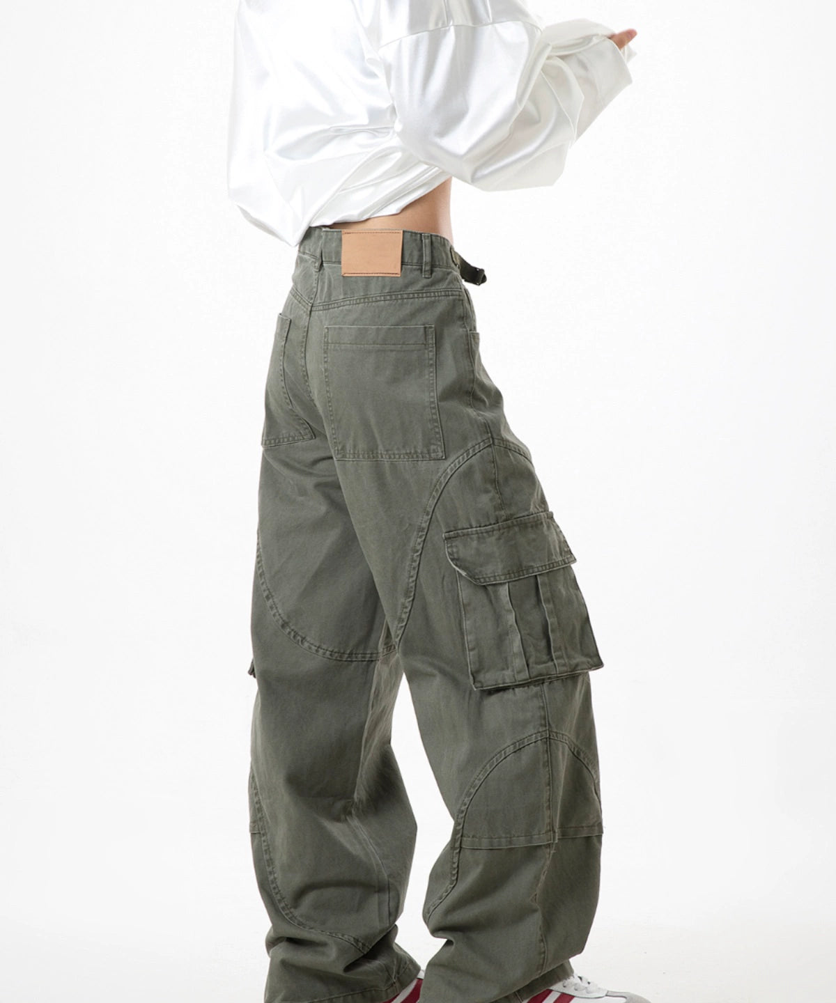 ICH MODE 美式复古口袋工装裤女宽松直筒阔腿运动休闲裤2025新款