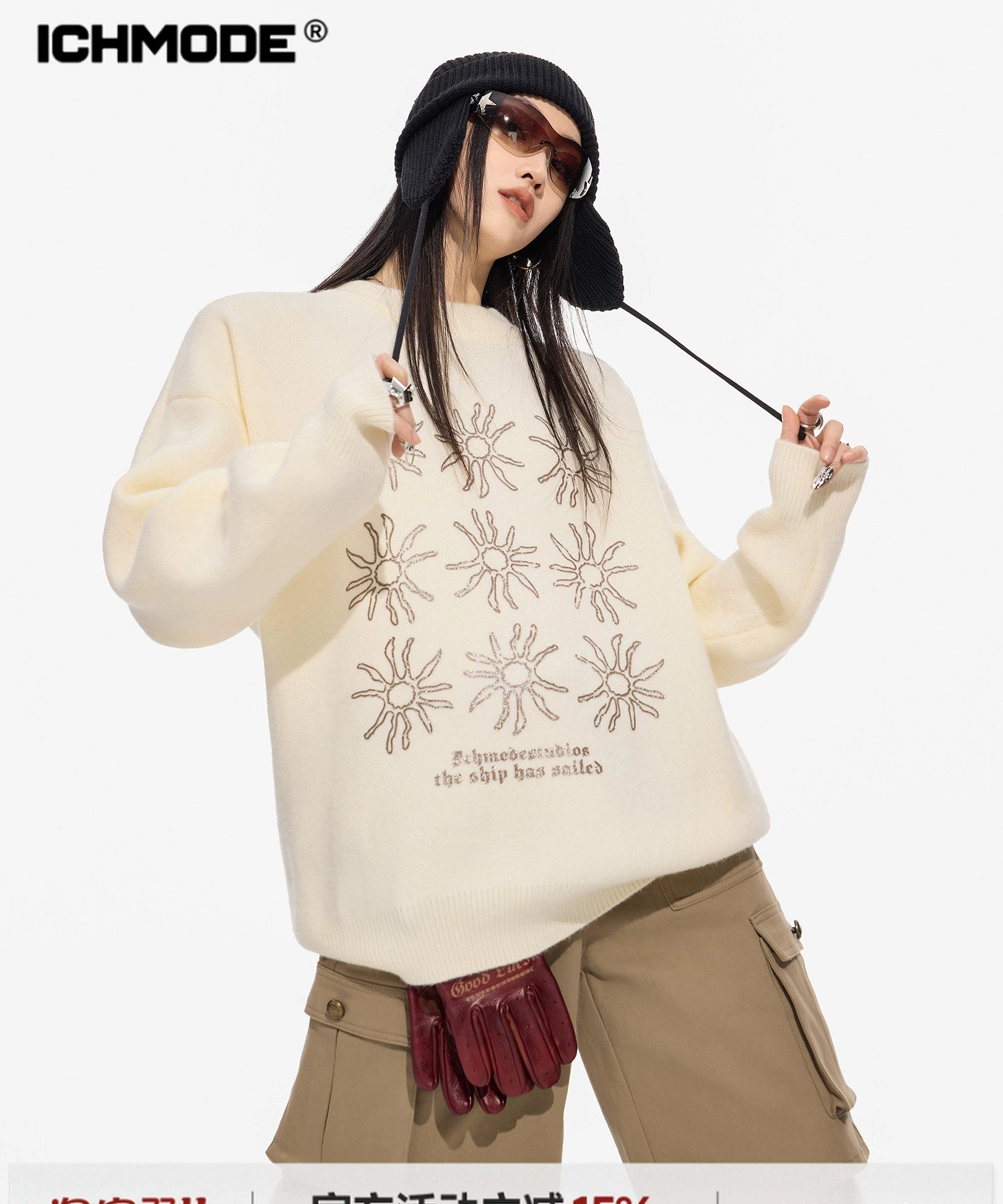 ICH MODE 美式复古太阳花圆领毛衣女秋冬季慵懒高级感长袖针织衫