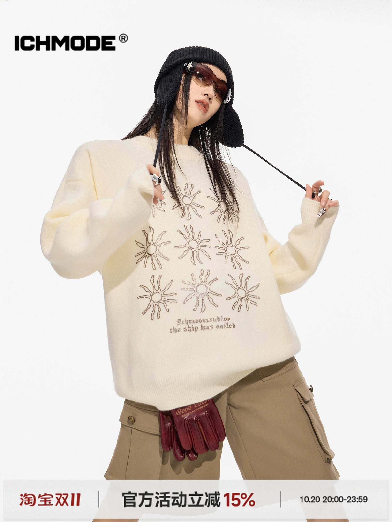 ICH MODE 美式复古太阳花圆领毛衣女秋冬季慵懒高级感长袖针织衫