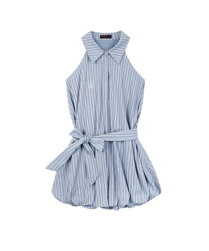 野生zero 条纹无袖a字连衣裙女夏季辣妹设计感显瘦衬衫花苞短裙子