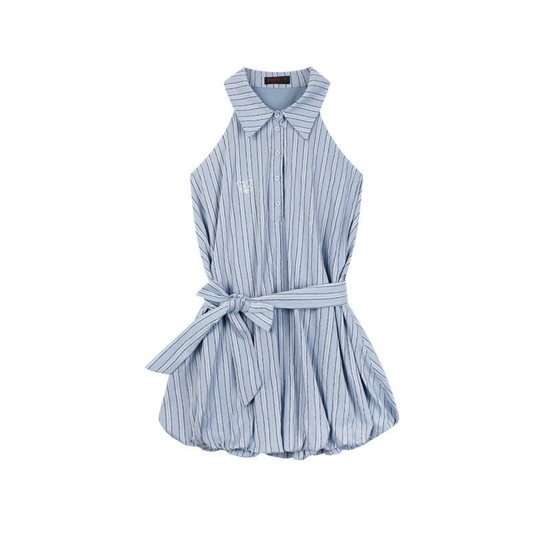 野生zero 条纹无袖a字连衣裙女夏季辣妹设计感显瘦衬衫花苞短裙子