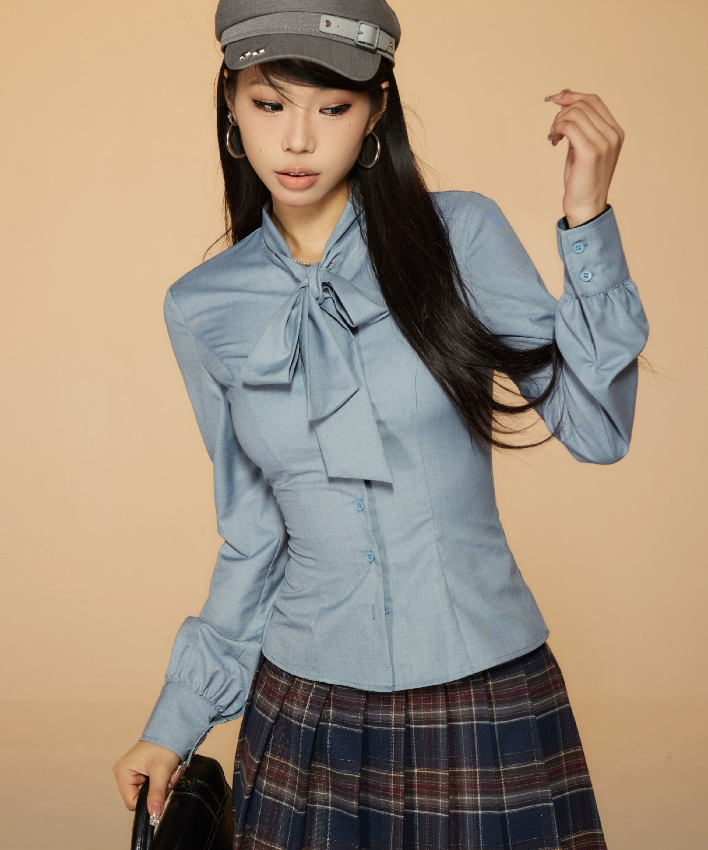 野生zerocircle灰蓝色长袖衬衫女春季修身显瘦收腰蝴蝶结绑带上衣