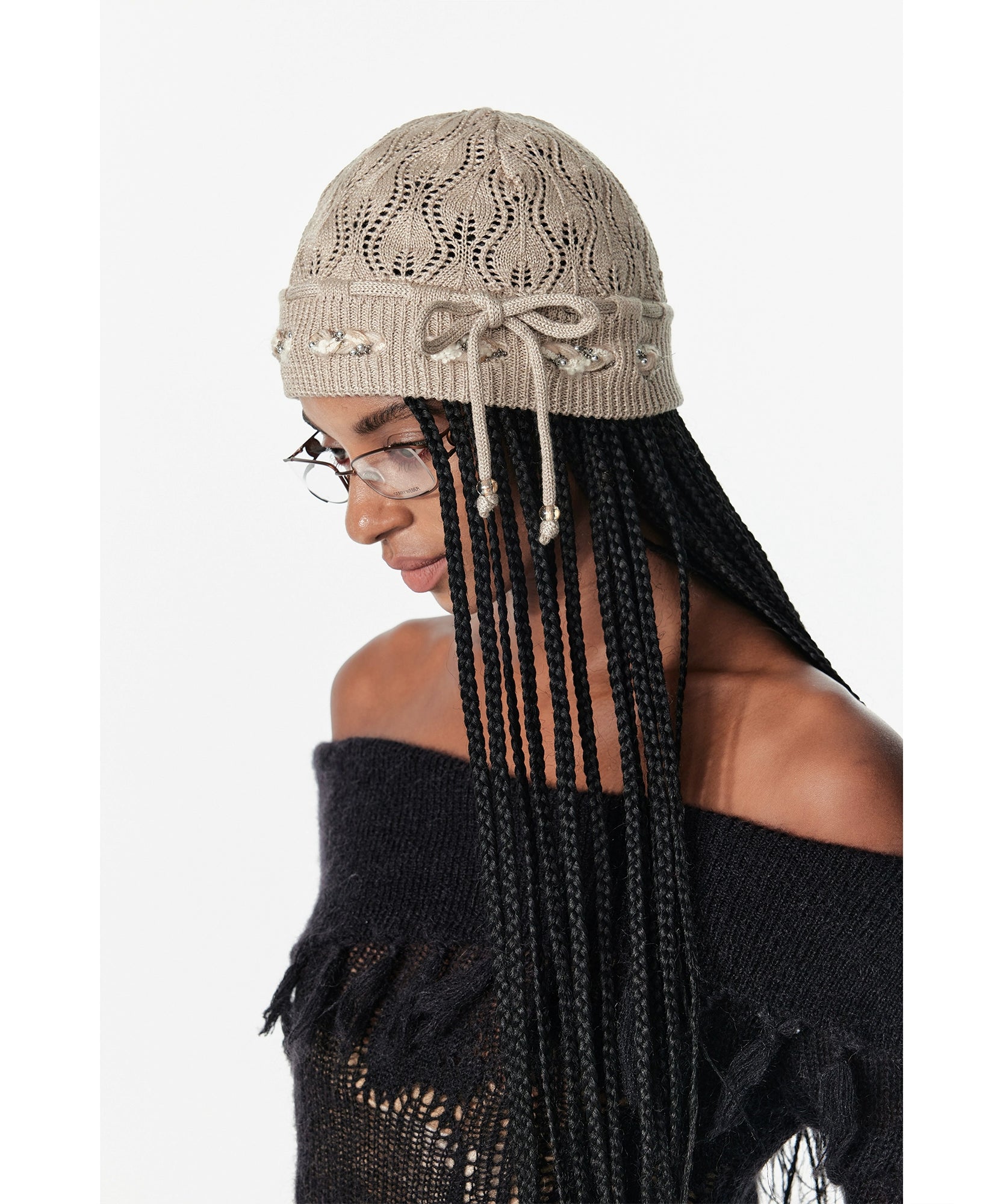 2th Desire蝴蝶结串珠绑带镂空立体花式包头帽织带针织帽毛线冷帽