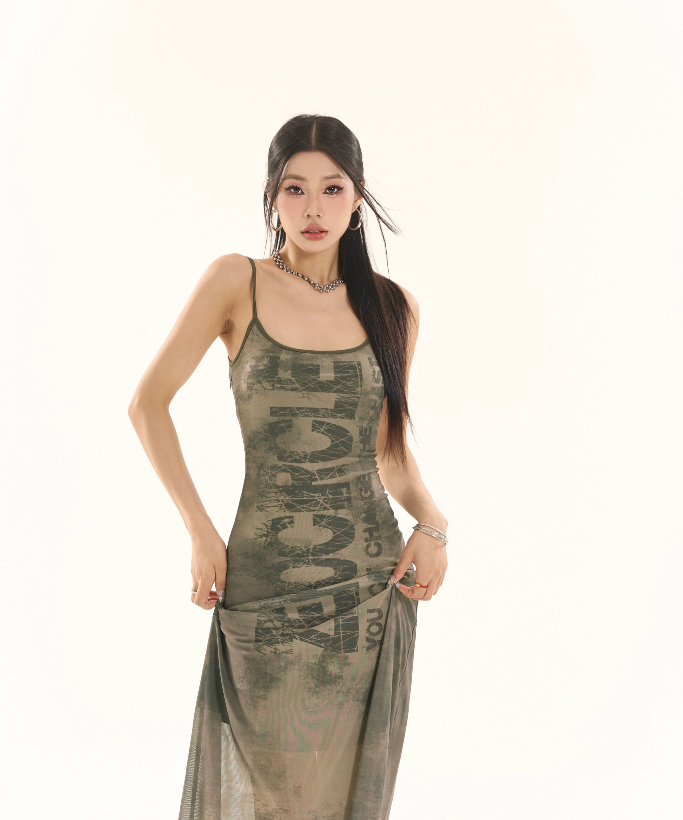 野生zero红绿色印花吊带连衣裙女夏辣妹设计感小众修身显瘦长裙子