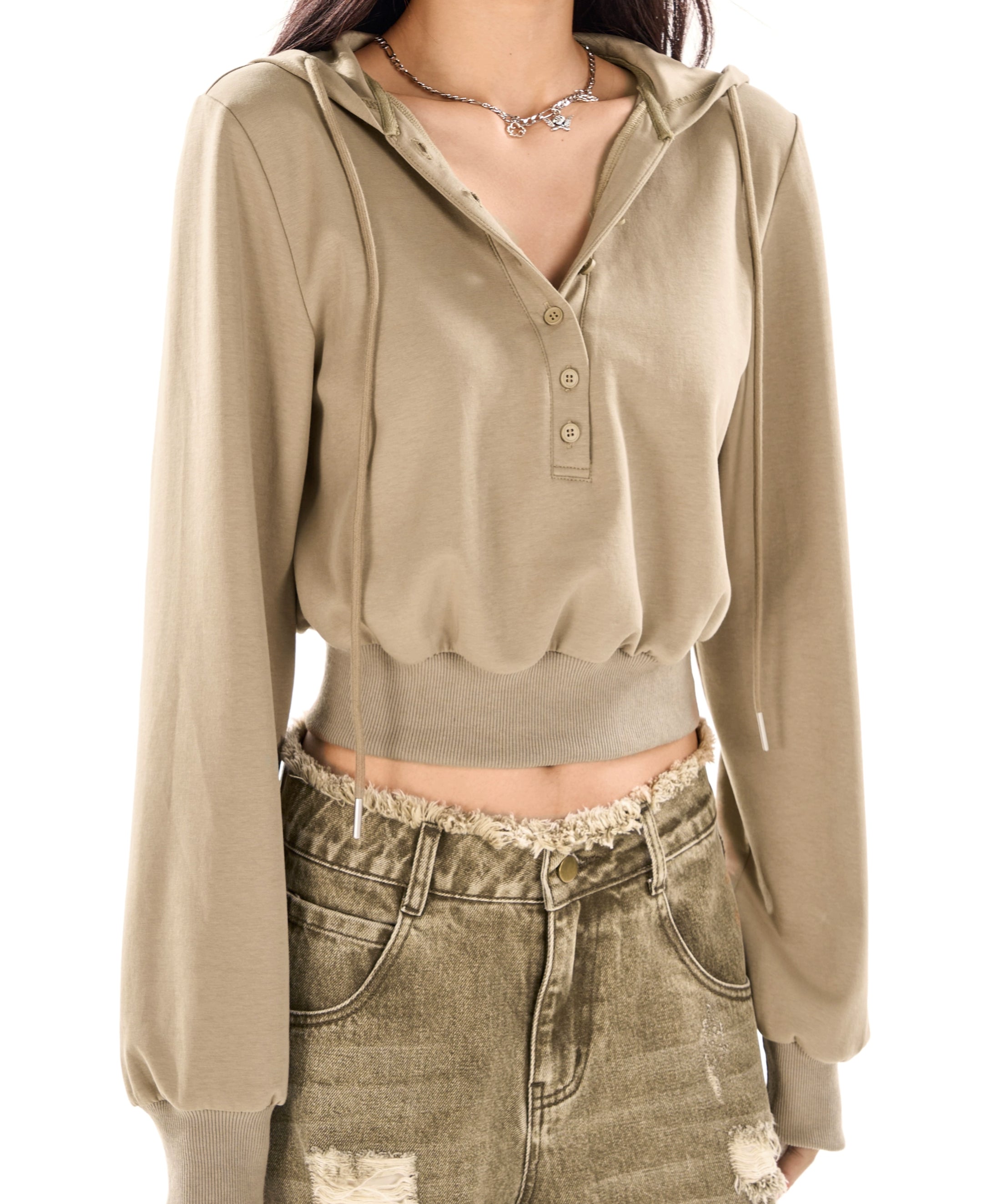 野生zerocircle 花灰色v领短款连帽卫衣女春秋季宽松显瘦休闲上衣