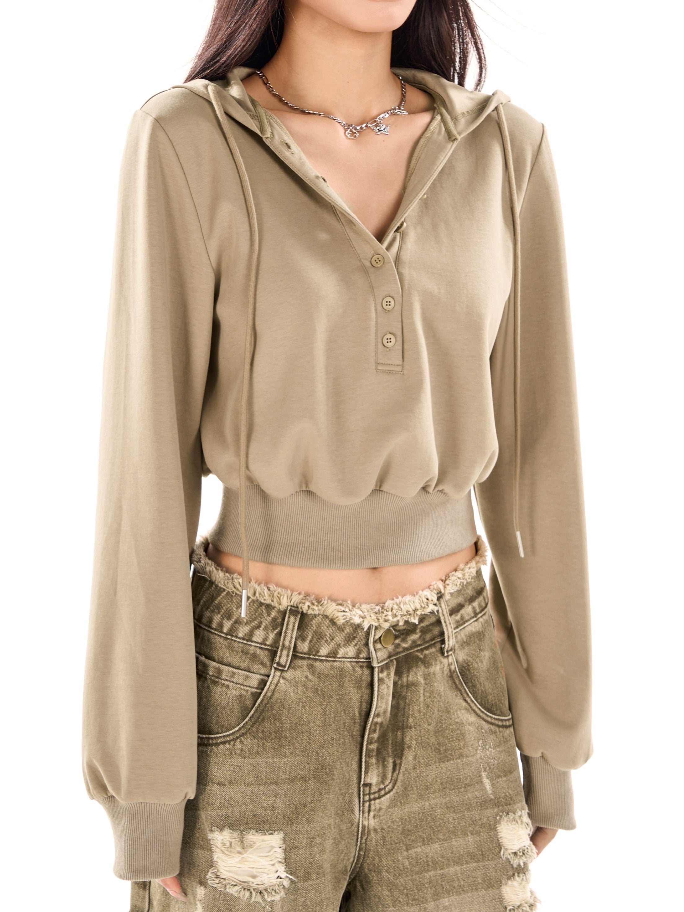 野生zerocircle 花灰色v领短款连帽卫衣女春秋季宽松显瘦休闲上衣