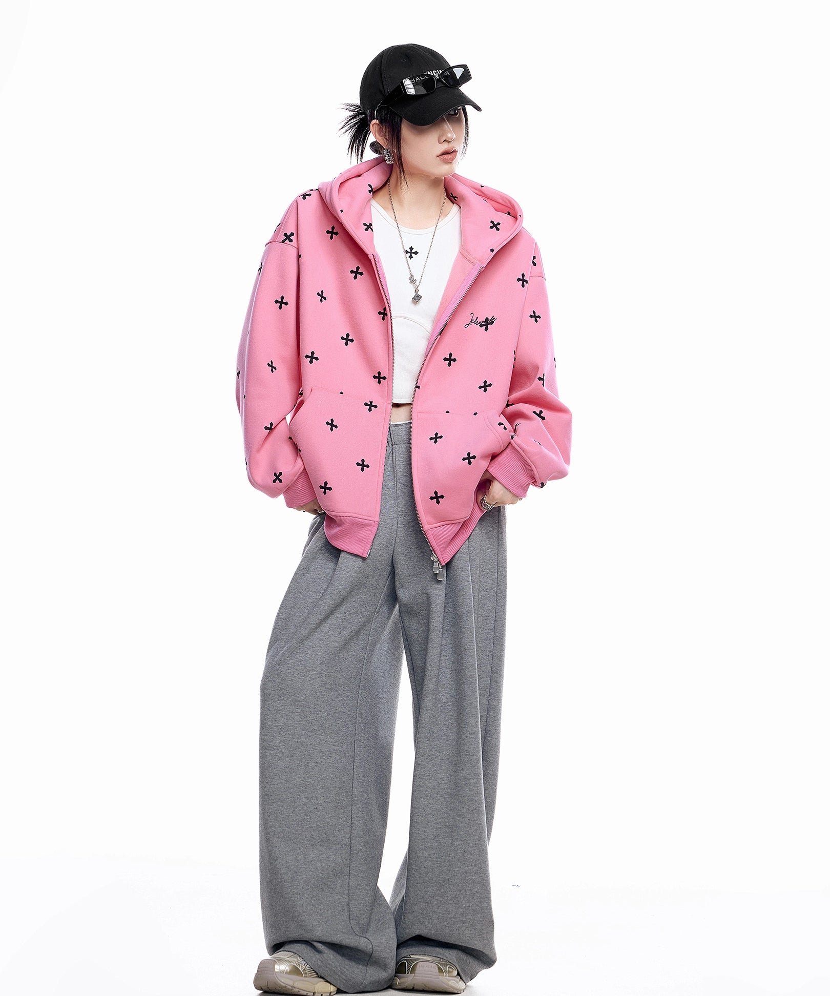 ICH MODE 美式复古满印十字架连帽卫衣外套女秋冬季拉链上衣开衫