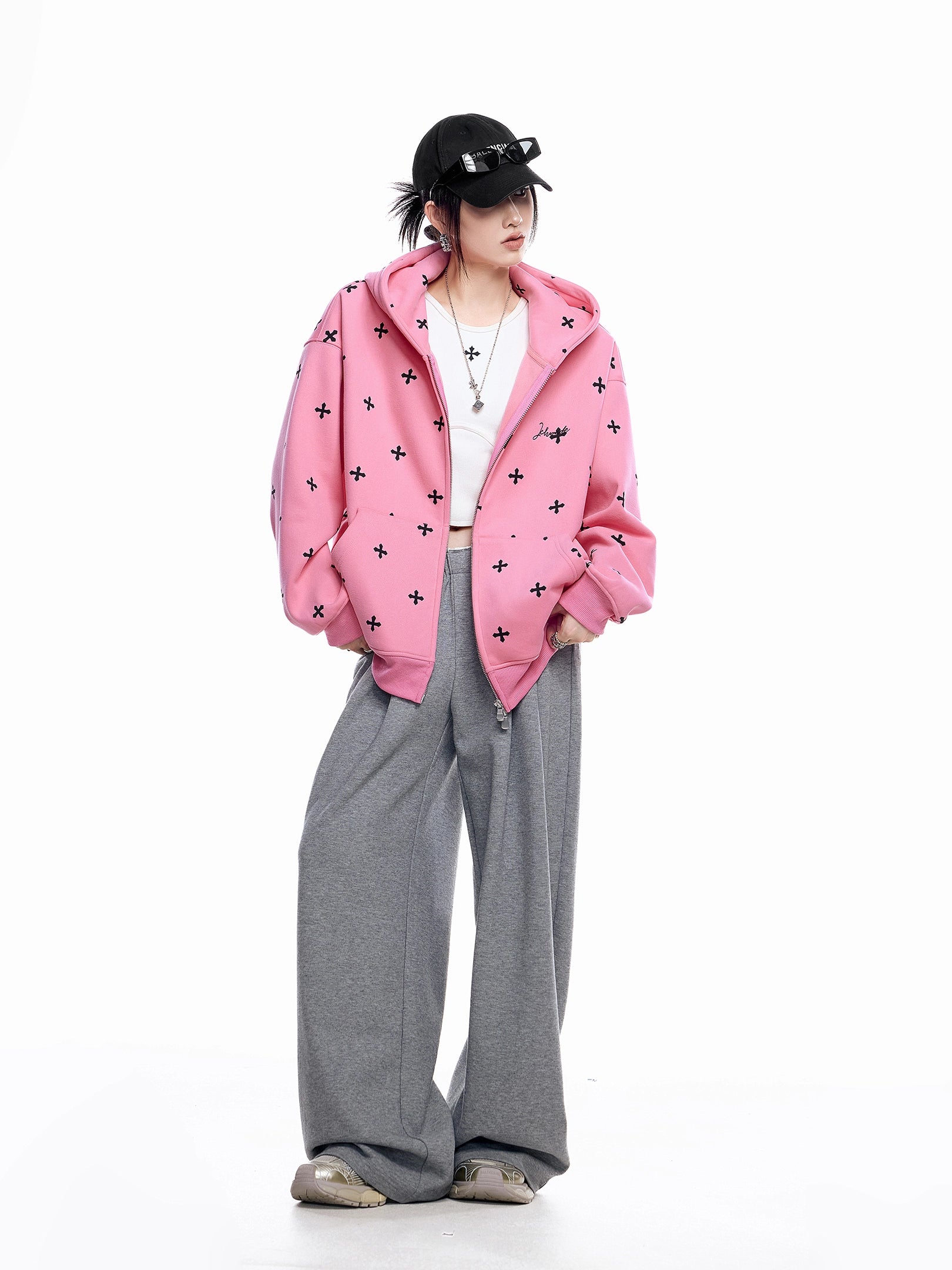 ICH MODE 美式复古满印十字架连帽卫衣外套女秋冬季拉链上衣开衫