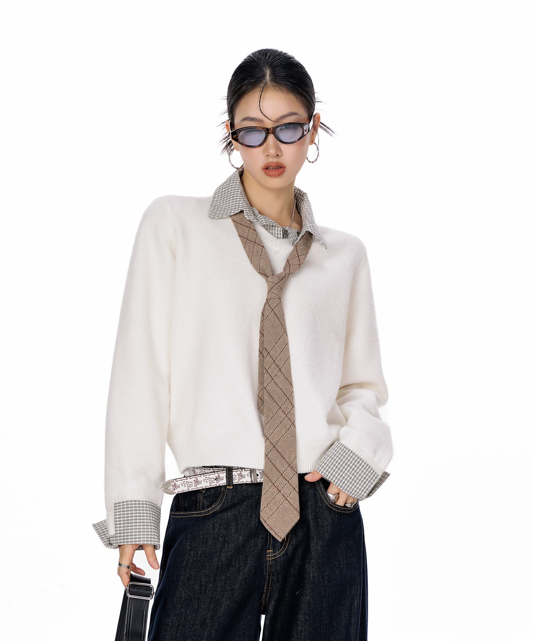 ICH MODE 美式复古假两件格子拼接毛衣女秋冬季毛针织衫POLO上衣