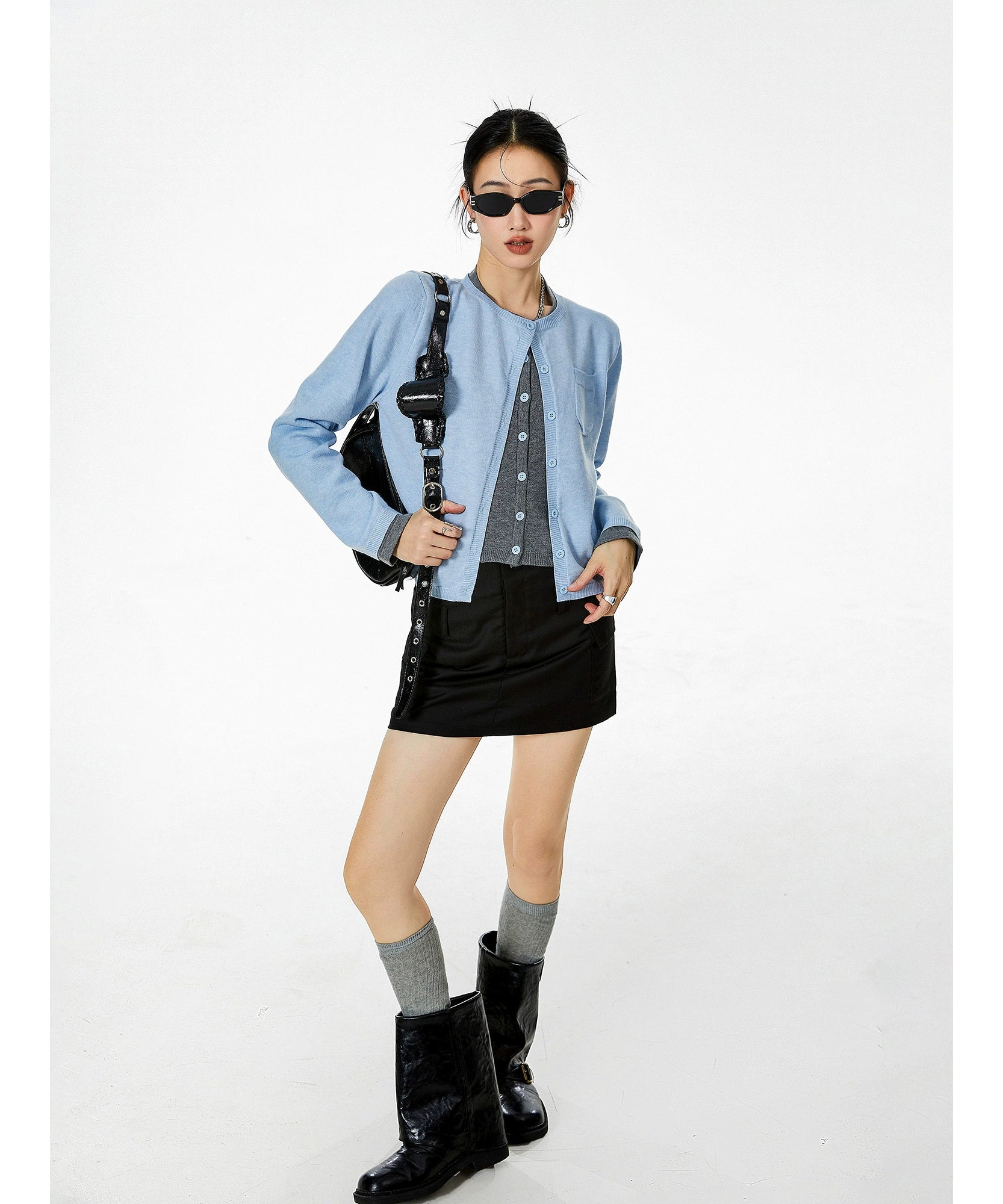 ICH MODE 美式复古假两件针织开衫女秋冬毛衣外套打底衫长袖上衣