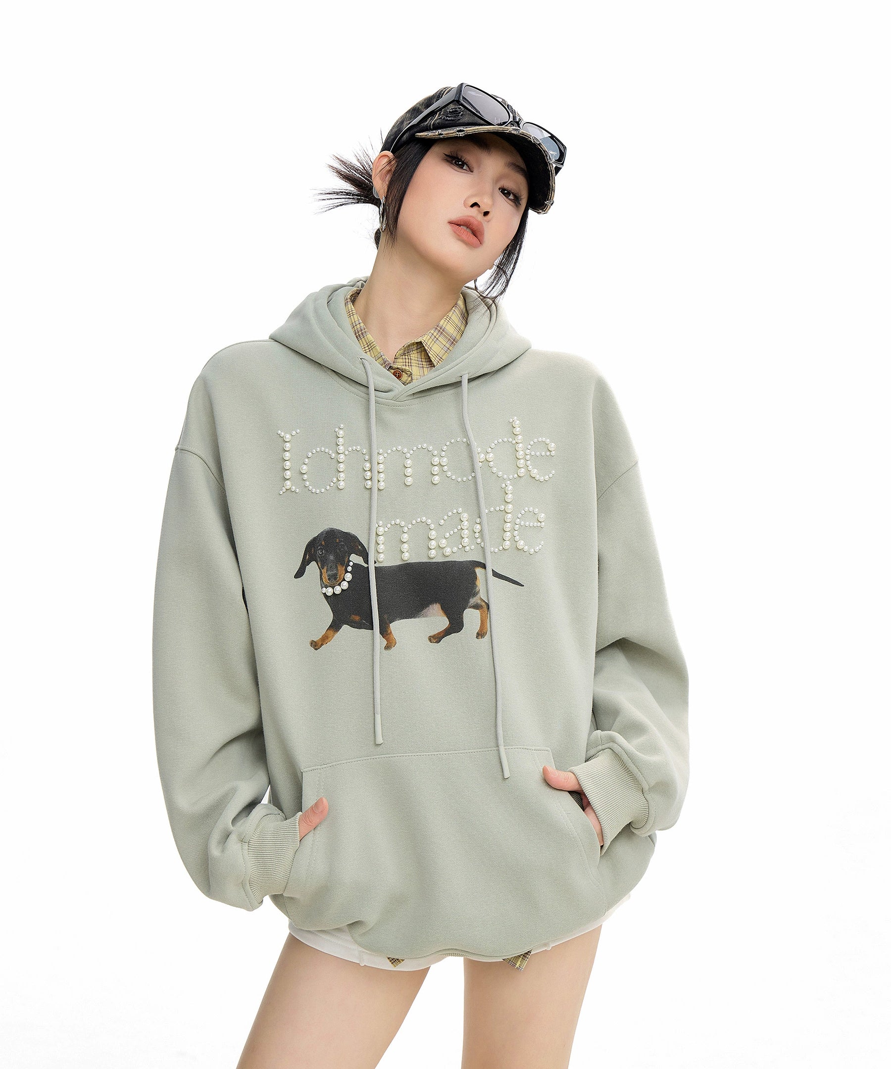 ICH MODE 美式复古珍珠连帽卫衣女秋冬新款宽松休闲百搭上衣外套