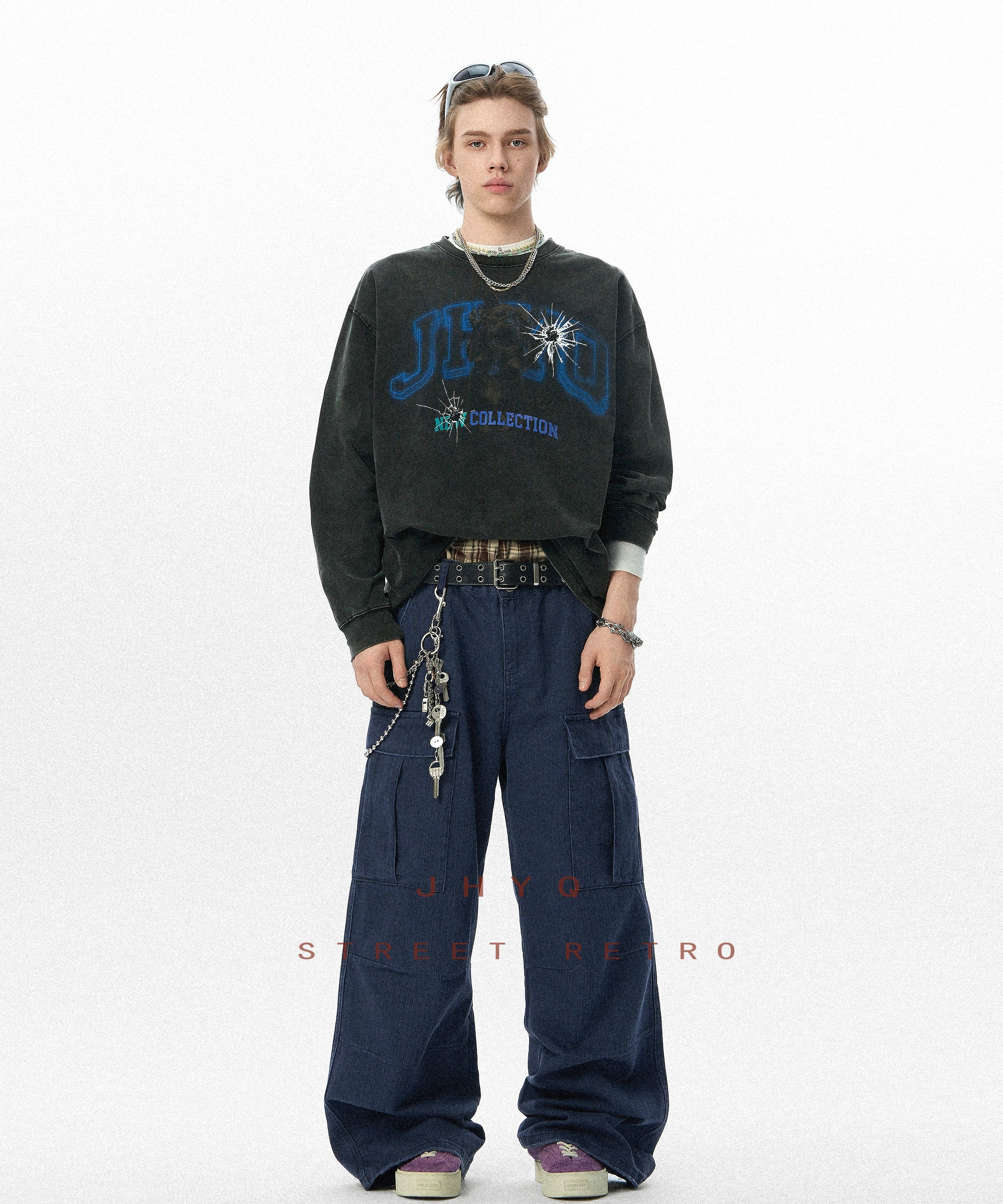 法斗犬丨JHYQ美式复古秋季水洗重磅320G长袖T恤男情侣印花卫衣衫