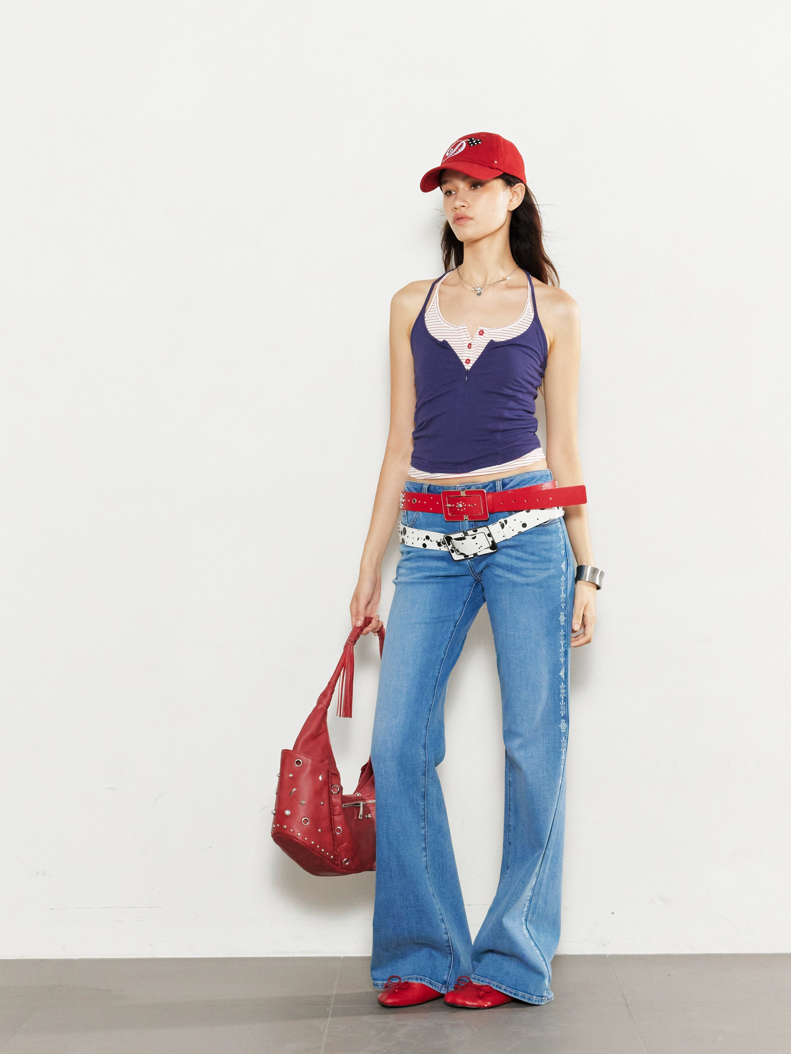 2th Desire复古撞色红条烫钻图腾印花原牛低腰显瘦直筒牛仔裤女