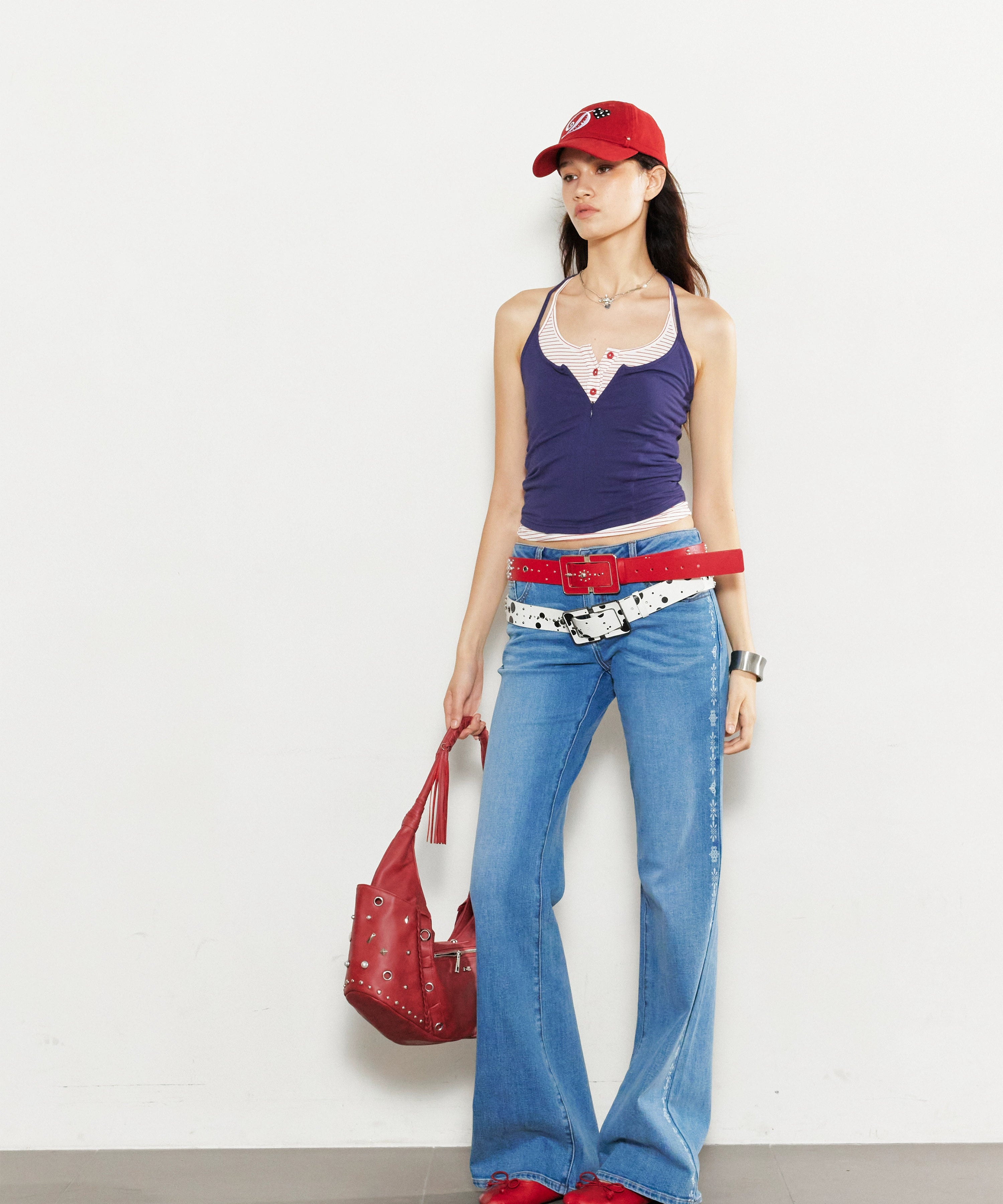 2th Desire复古撞色红条烫钻图腾印花原牛低腰显瘦直筒牛仔裤女