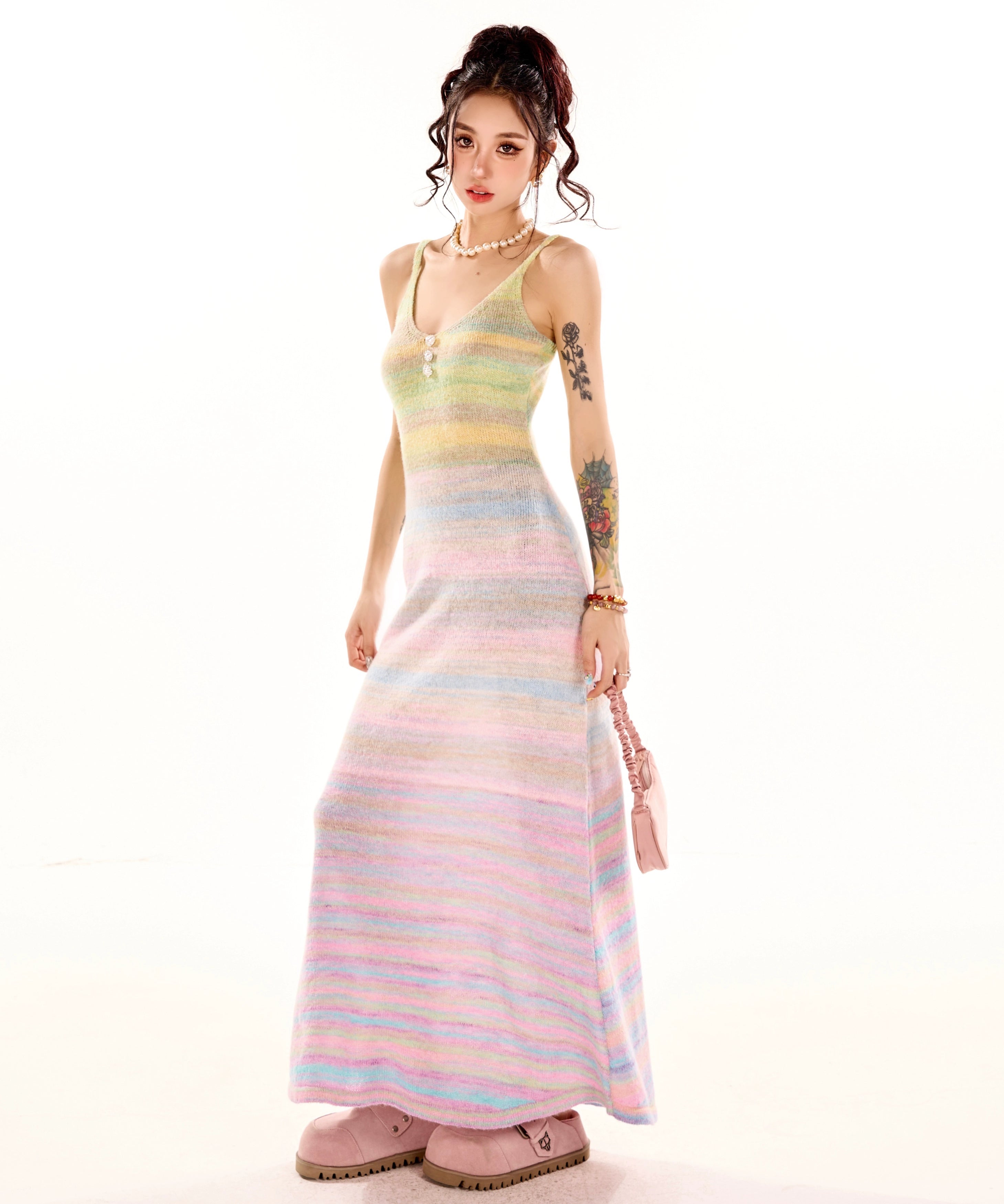 野生zerocircle彩虹v领吊带连衣裙女春夏设计感显瘦修身a字长裙子