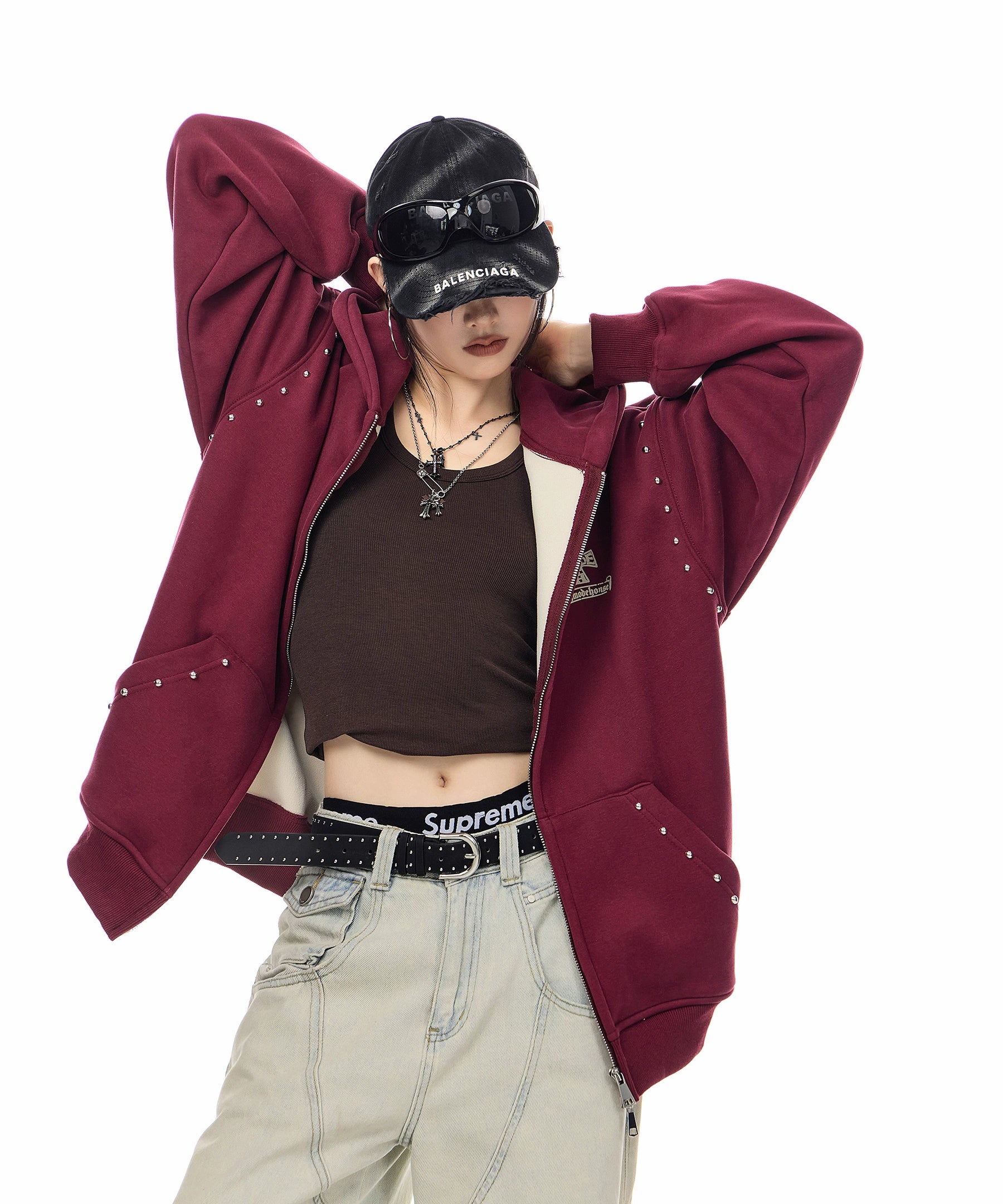 ICH MODE 美式哥特风复古钢珠加绒外套女秋冬季连帽上衣开衫卫衣