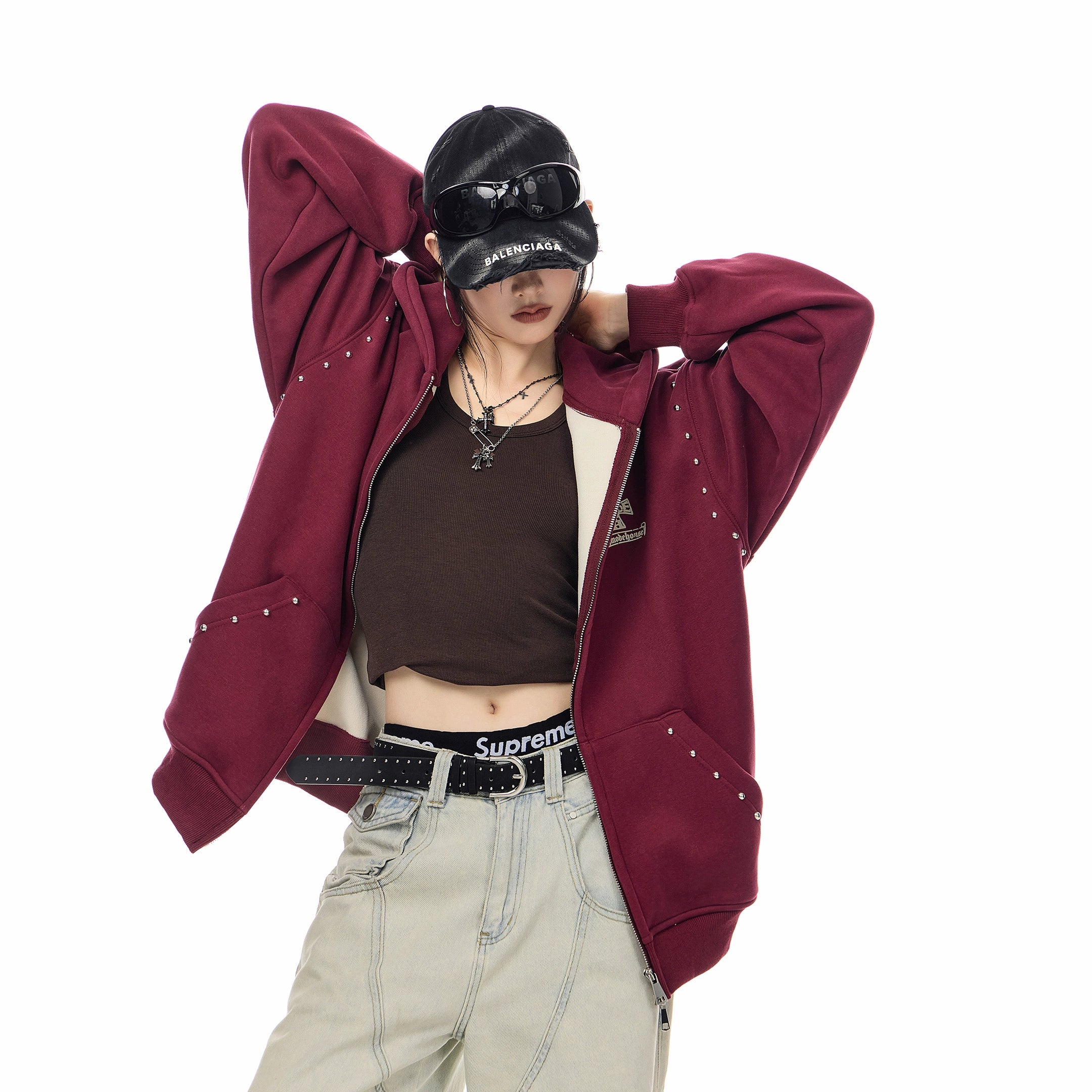 ICH MODE 美式哥特风复古钢珠加绒外套女秋冬季连帽上衣开衫卫衣