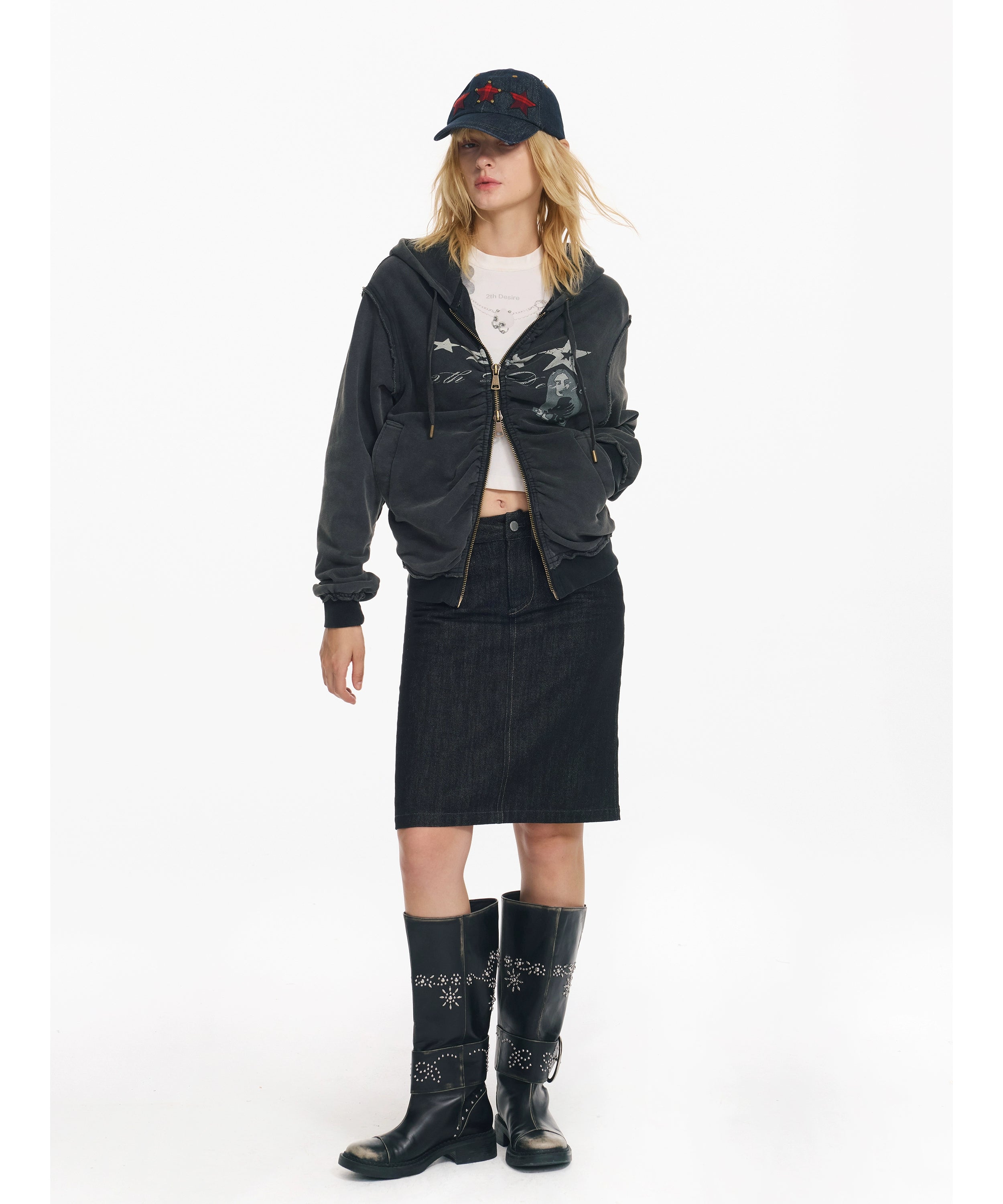 2th Desire美式复古做旧洗褪朋克开衫cleanfit连帽休闲卫衣外套女