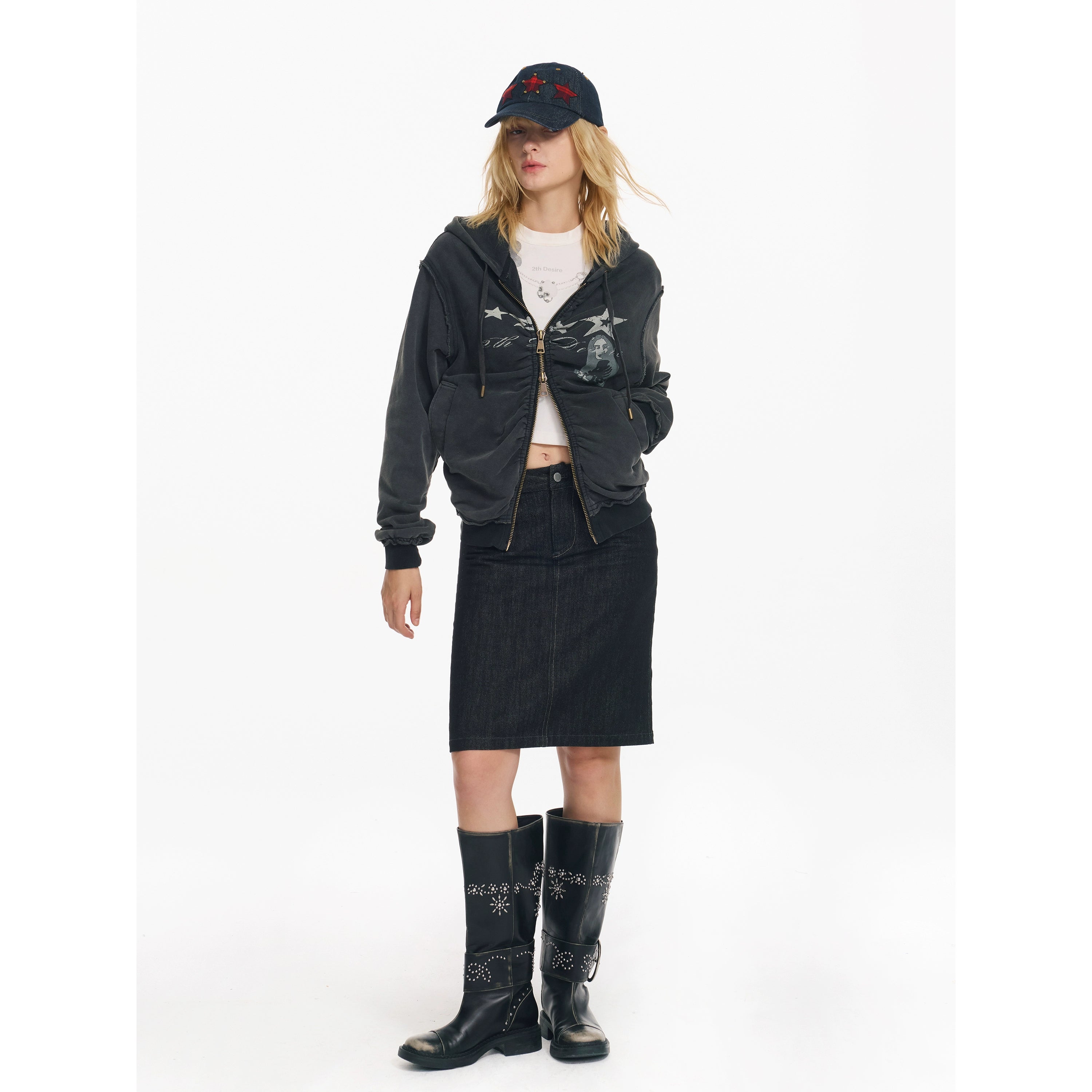 2th Desire美式复古做旧洗褪朋克开衫cleanfit连帽休闲卫衣外套女