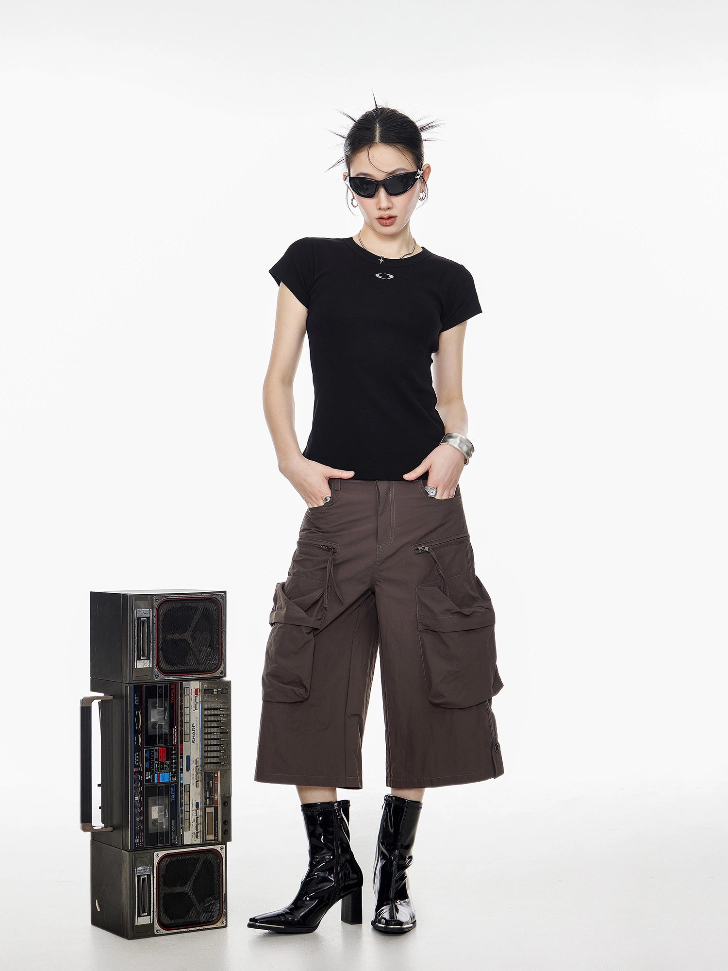 ICH MODE 美式修身短袖T恤女夏季新款流行辣妹短款正肩半袖上衣t