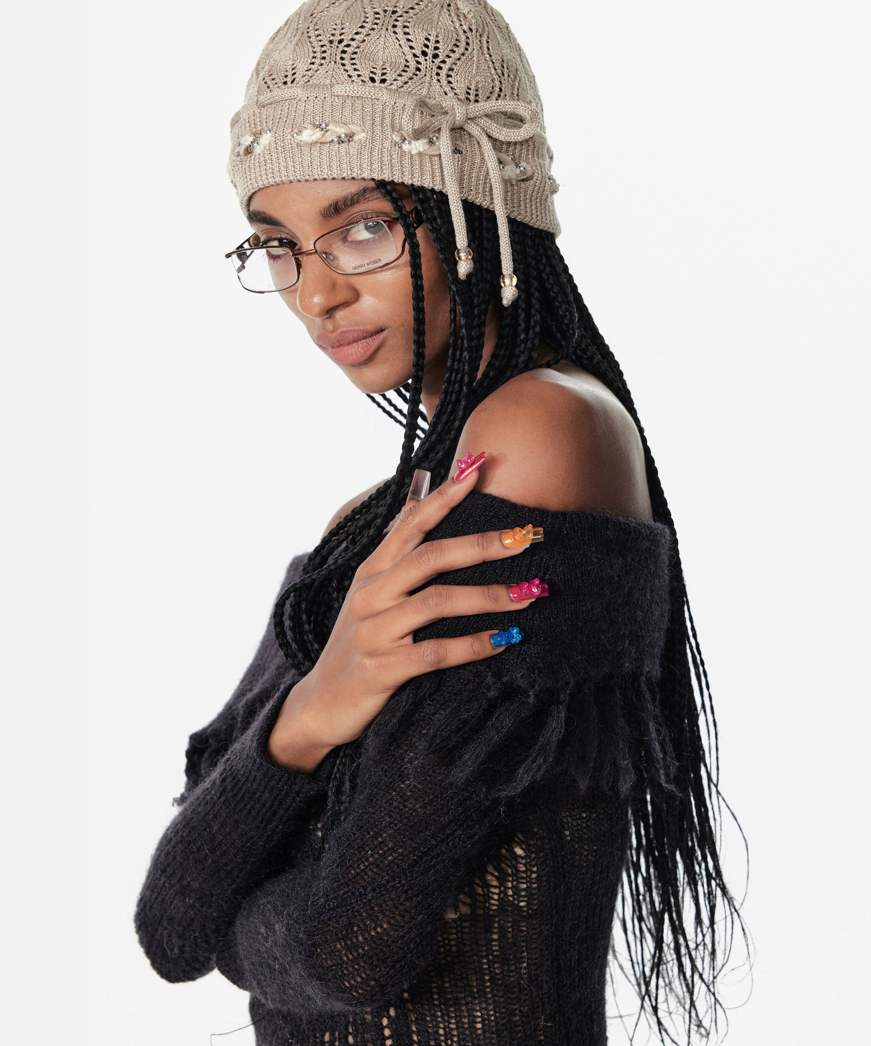 2th Desire蝴蝶结串珠绑带镂空立体花式包头帽织带针织帽毛线冷帽