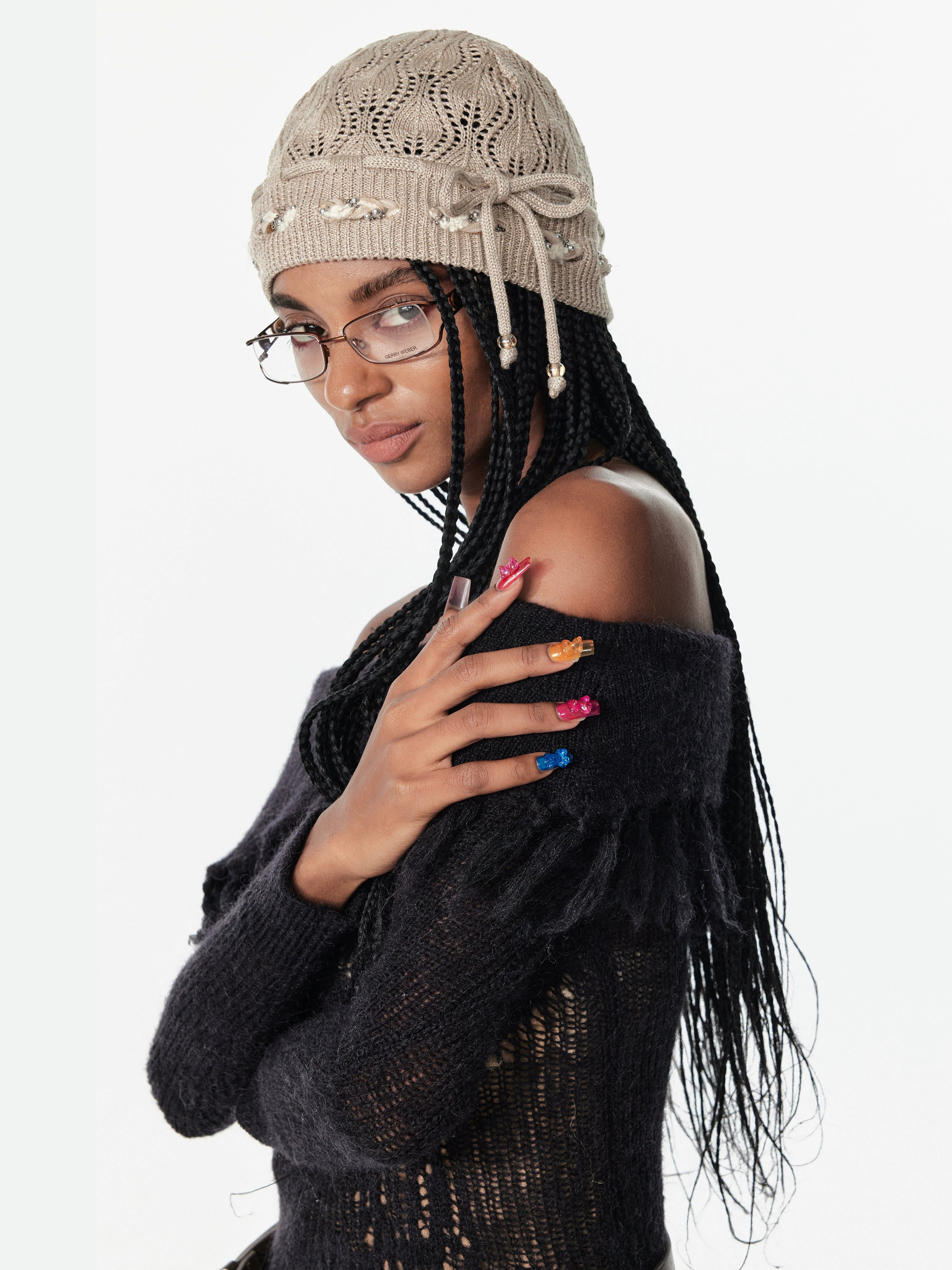 2th Desire蝴蝶结串珠绑带镂空立体花式包头帽织带针织帽毛线冷帽