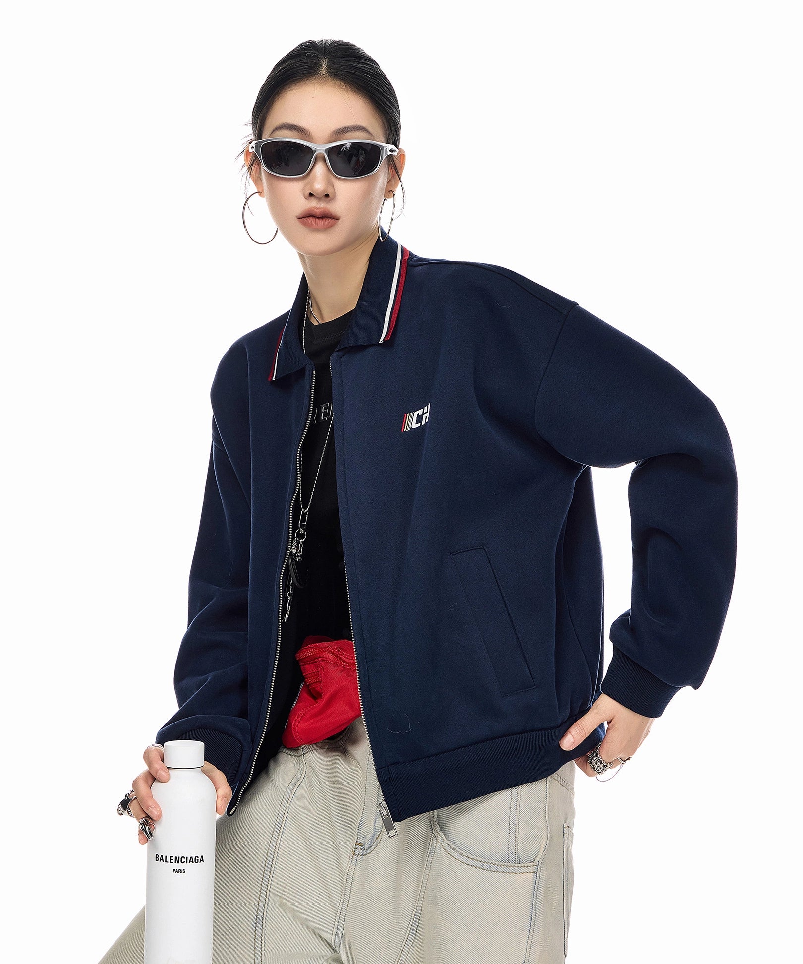 ICH MODE 美式复古刺绣翻领短款外套女2025新款秋季运动开衫上衣