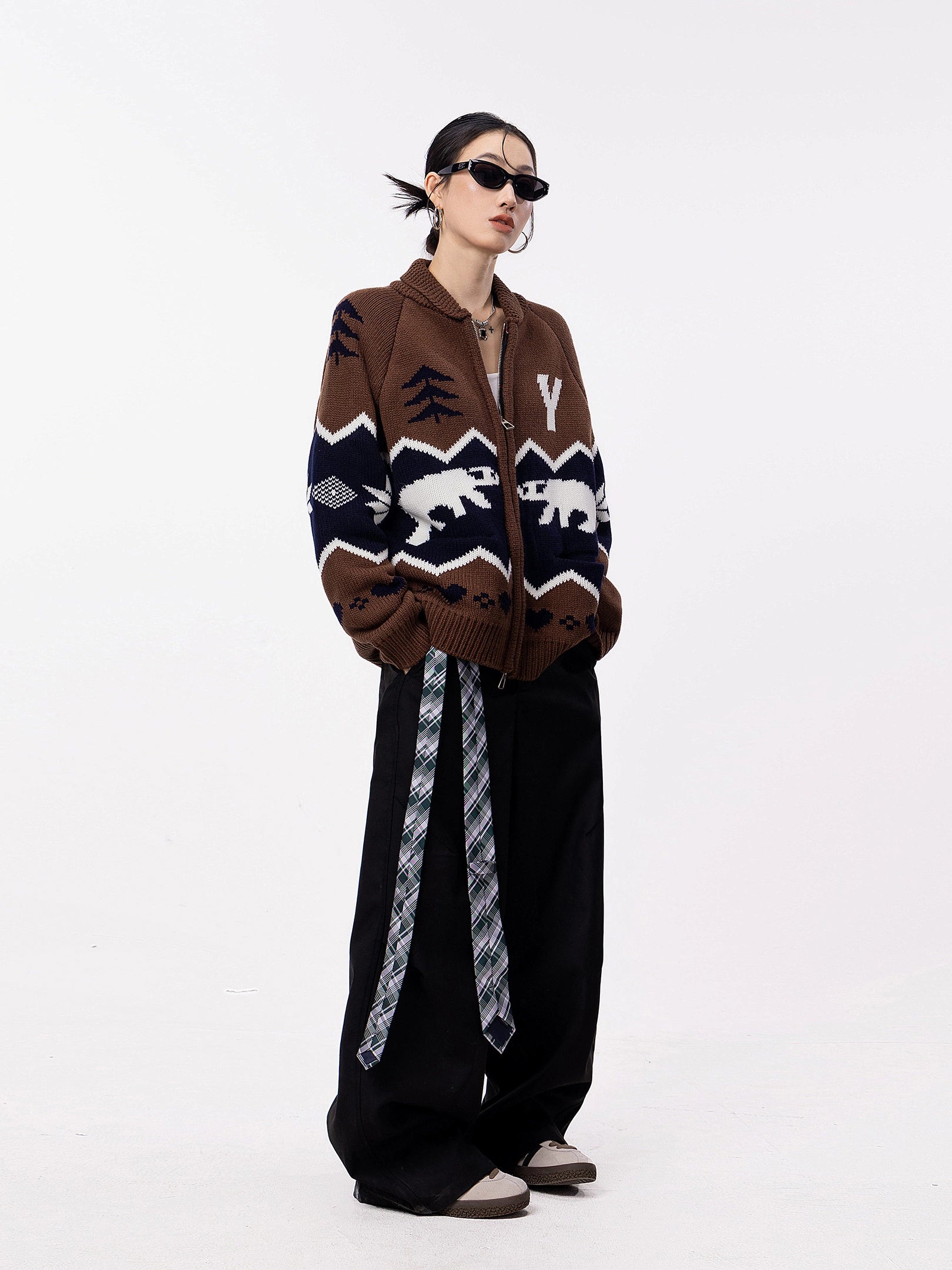 ICH MODE 美式复古提花针织开衫女秋冬宽松外搭休闲慵懒毛衣外套