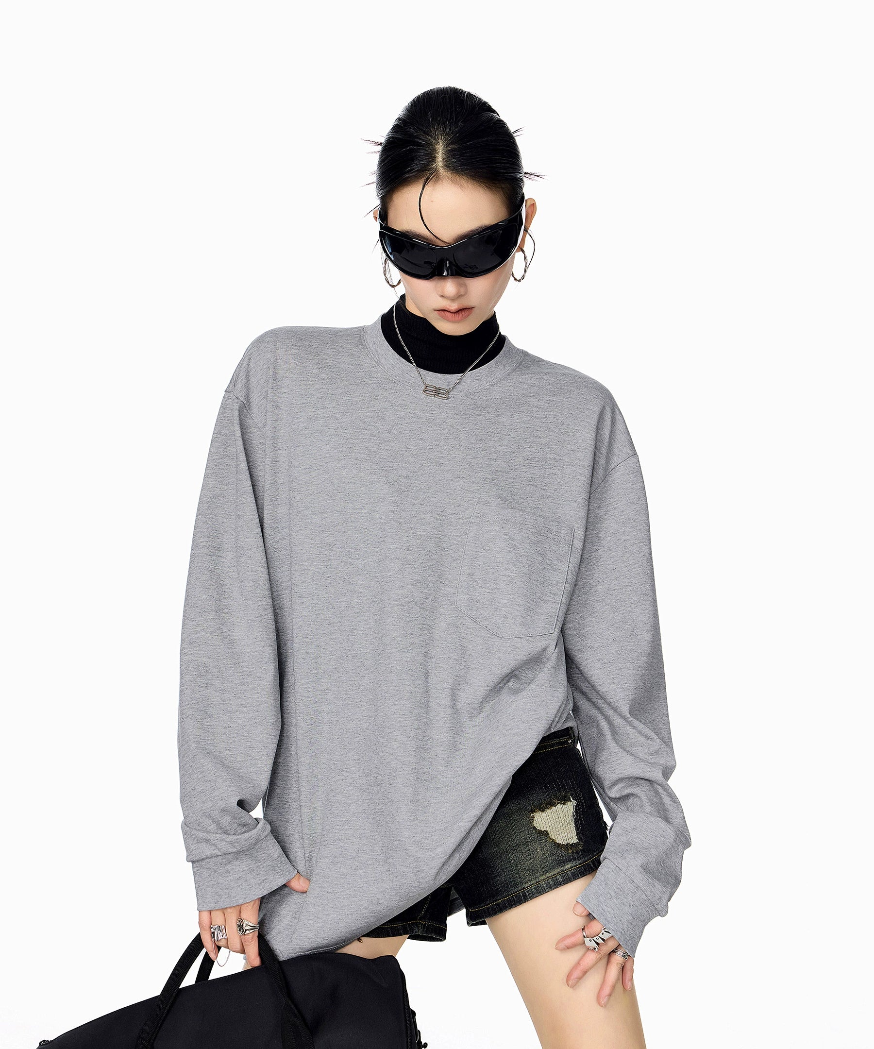 ICH MODE 美式圆领正肩长袖T恤女2025秋冬新款宽松纯色上衣打底衫