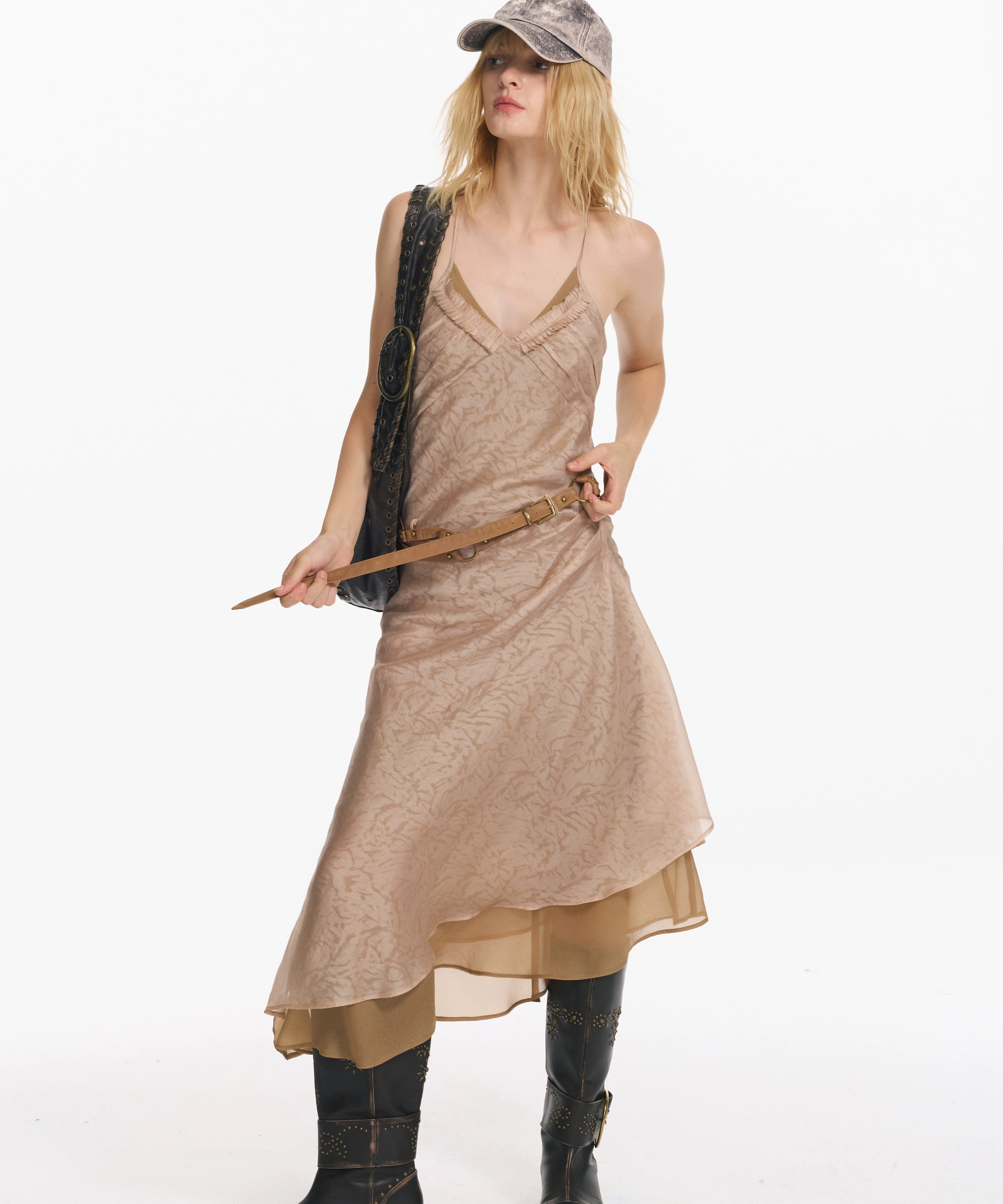 2th Desire原创复古印花双层不规则下摆挂脖吊带收腰长款连衣裙