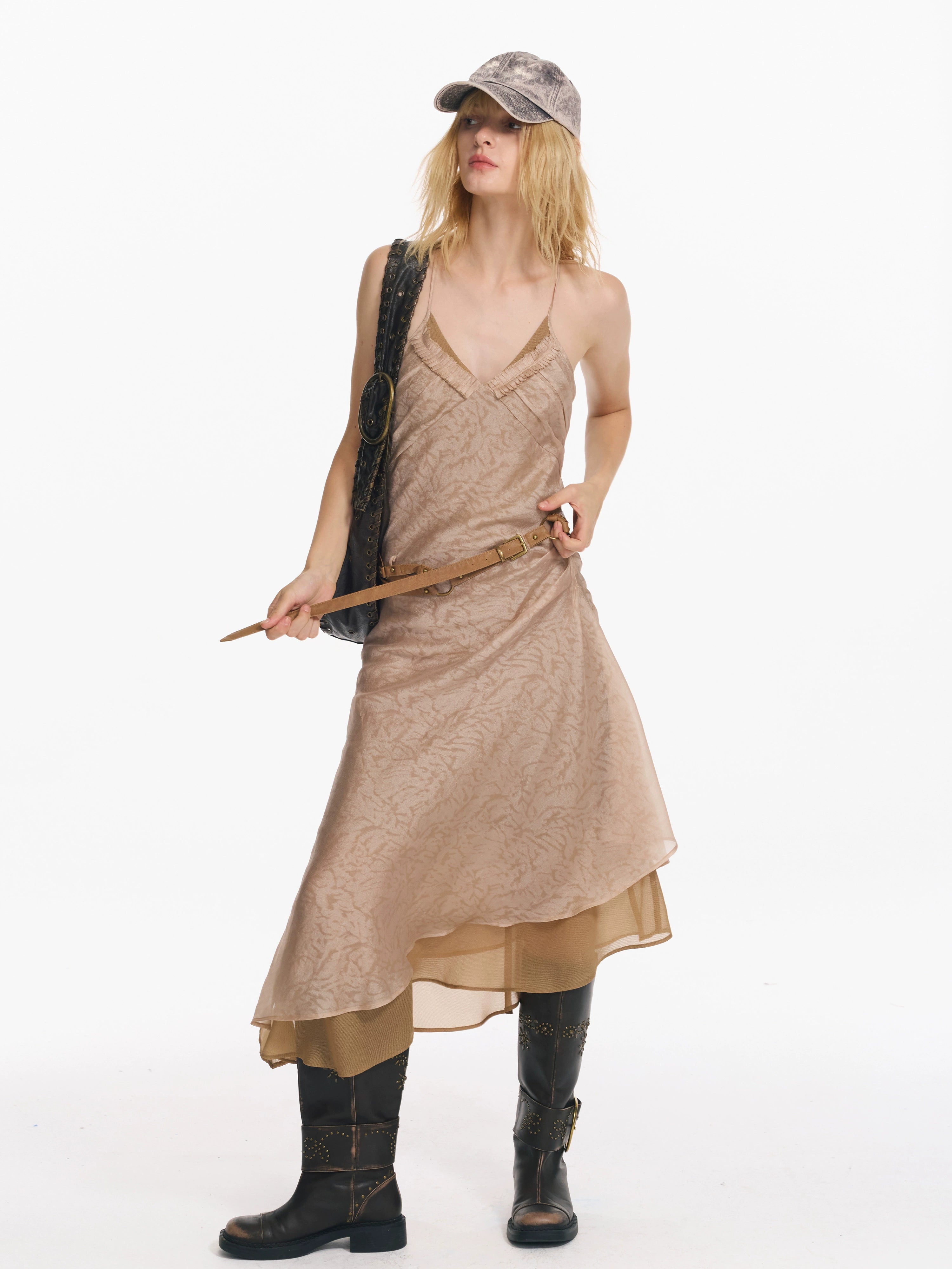 2th Desire原创复古印花双层不规则下摆挂脖吊带收腰长款连衣裙