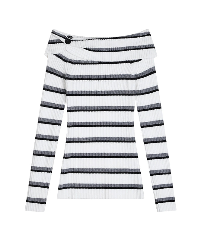 野生zerocircle一字肩撞色条纹毛衣女春季外穿修身显瘦针织衫上衣