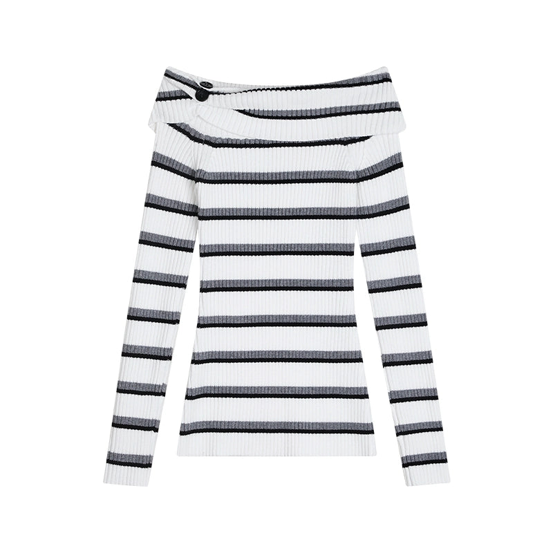 野生zerocircle一字肩撞色条纹毛衣女春季外穿修身显瘦针织衫上衣