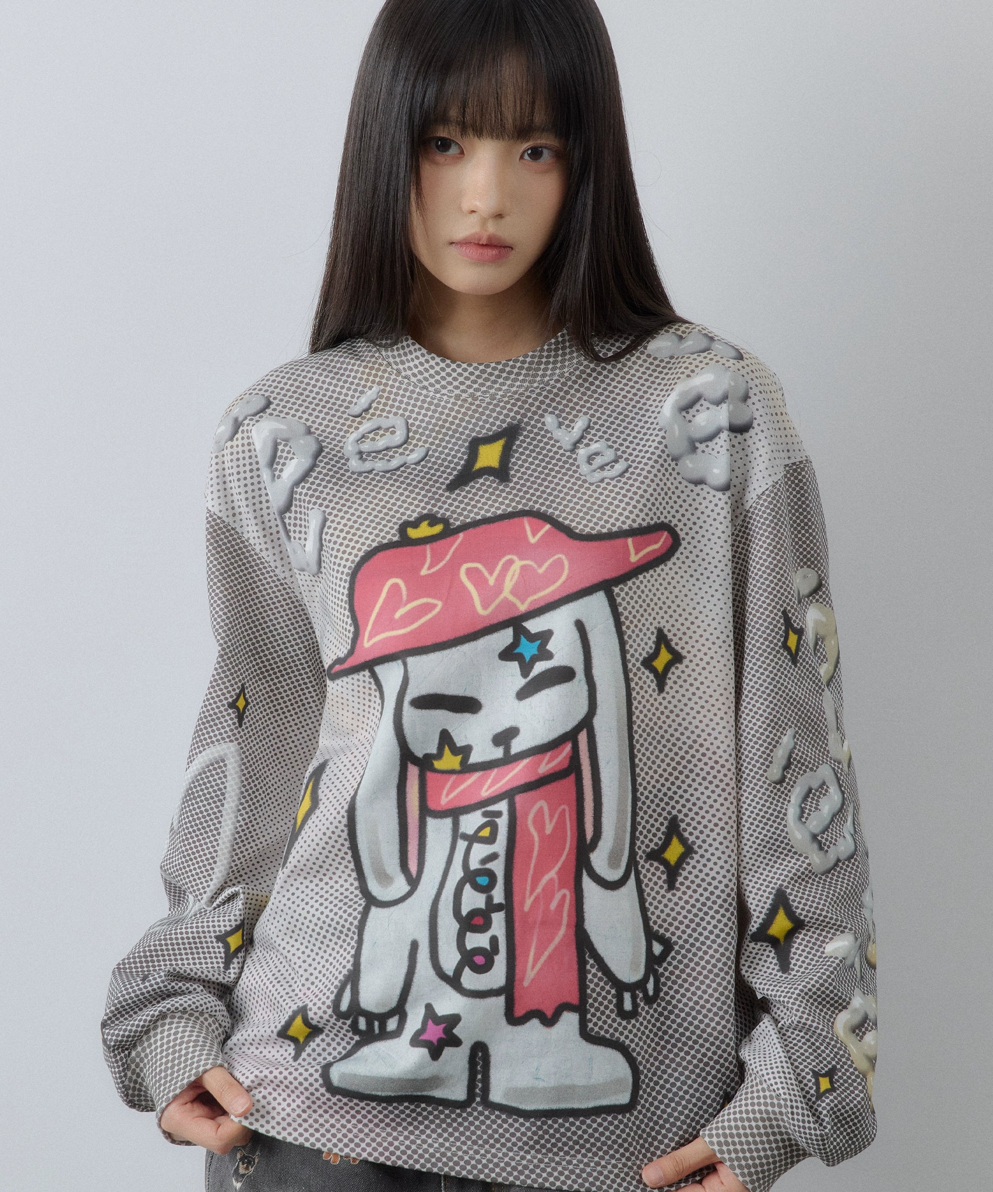 “礼帽兔子”| eeee设计感手绘涂鸦插画T恤3D字母满印波点长袖TEE