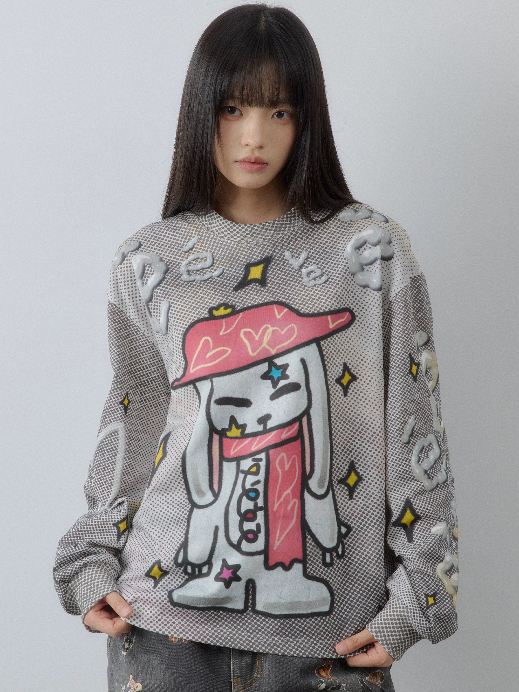 “礼帽兔子”| eeee设计感手绘涂鸦插画T恤3D字母满印波点长袖TEE