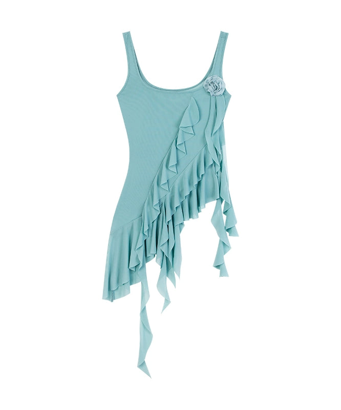 野生zero红色吊带背心女夏季外穿辣妹修身显瘦无袖荷叶边网纱上衣