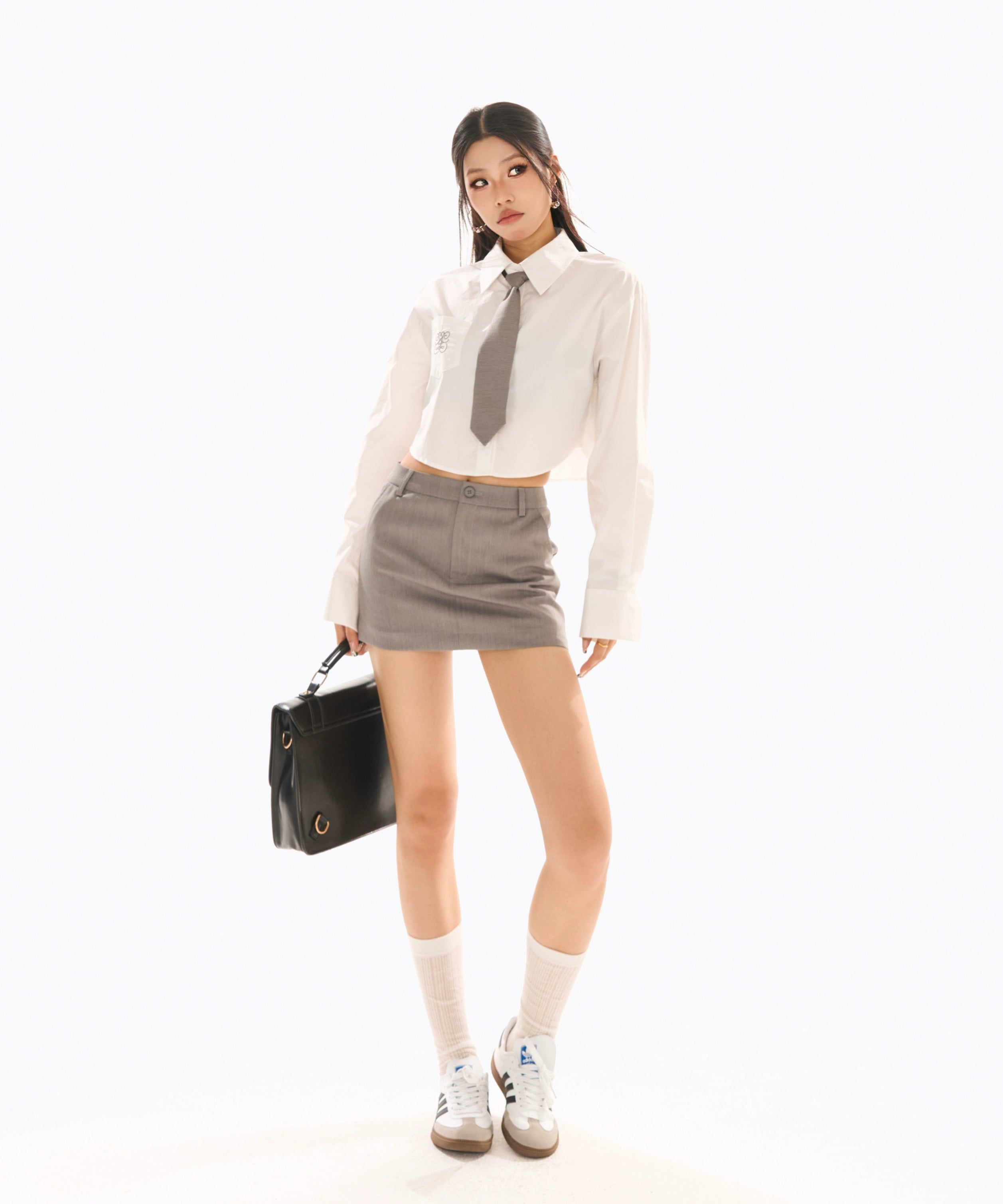 野生zerocircle 初春穿搭套装女白色短款长袖衬衫a字包臀半身裙子