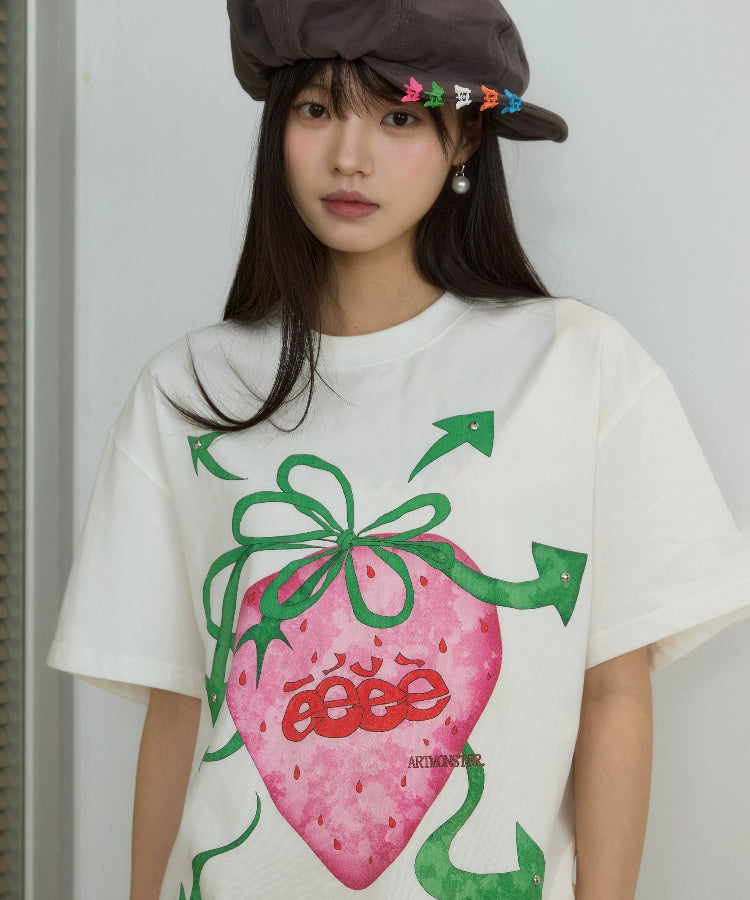 eeeeArtmonster “朋克草莓”手绘草莓短袖镶铆钉小众圆领T恤夏季
