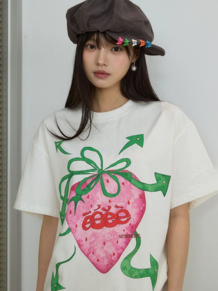 eeeeArtmonster “朋克草莓”手绘草莓短袖镶铆钉小众圆领T恤夏季