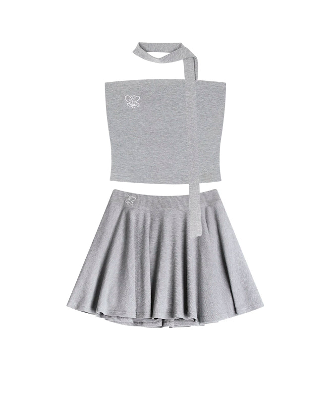 野生zero 辣妹抹胸套装裙女夏季白灰色小众宽松显瘦a字半身短裙子