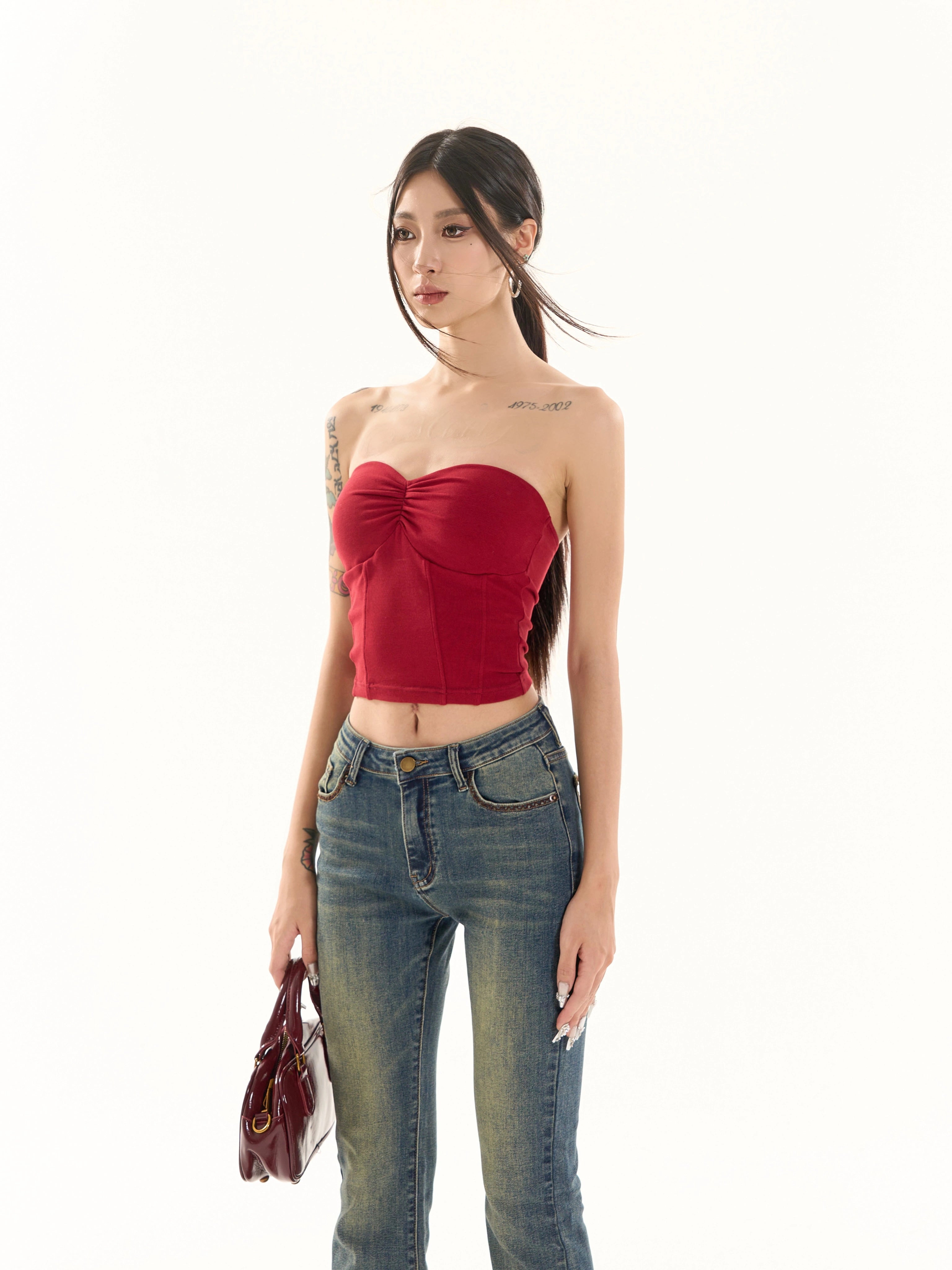 野生zero白黑红灰色无肩带针织抹胸带胸垫女外穿内搭修身辣妹上衣