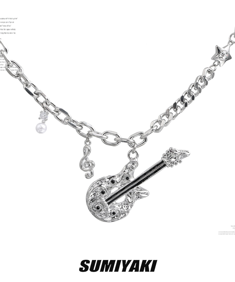 音乐节bi备！SUMIYAKI 朋克吉他系列 双层珍珠项链摇滚风锁骨链