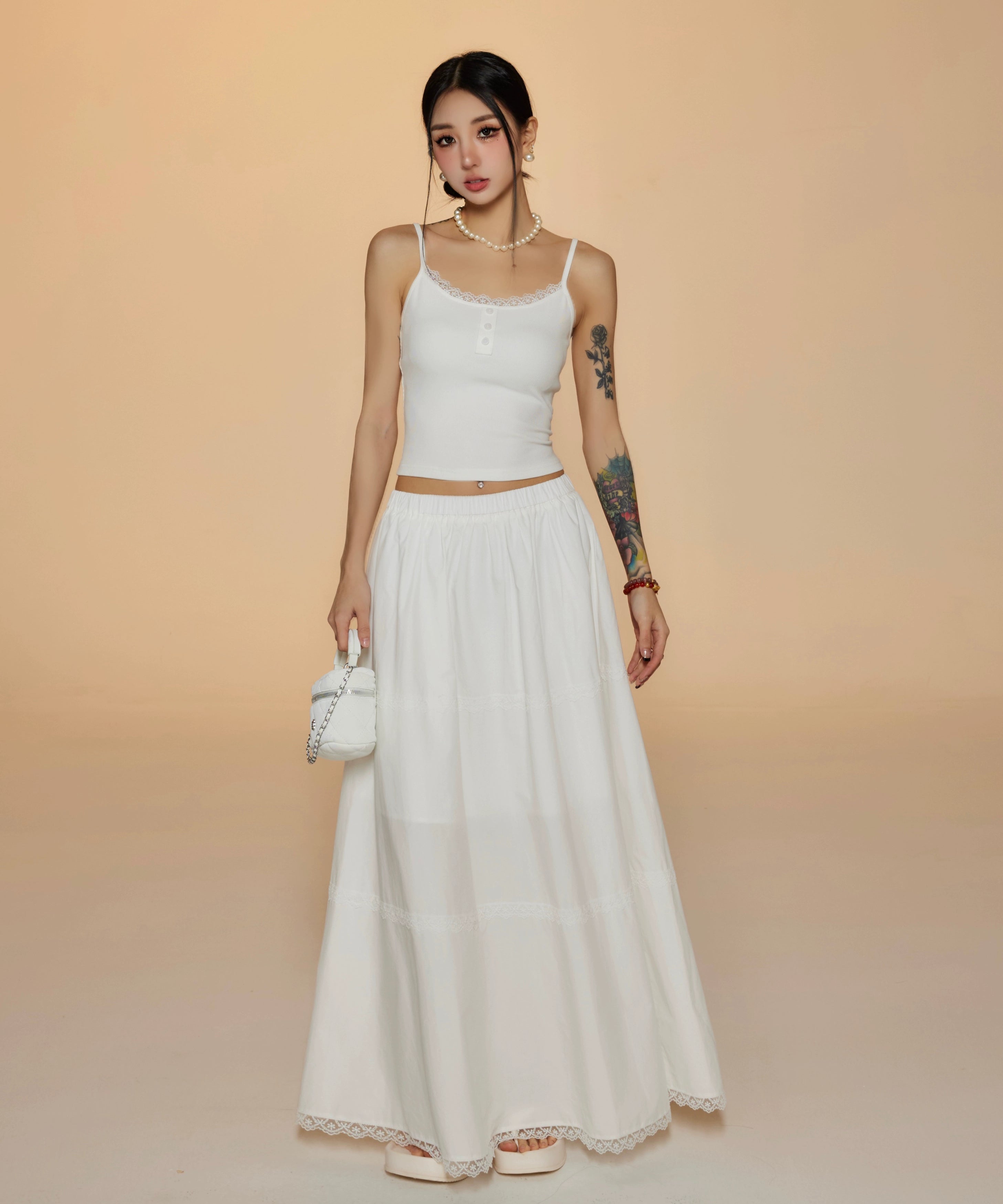 野生zerocircle 辣妹套装裙女春季白色蕾丝吊带背心显瘦a字长裙子