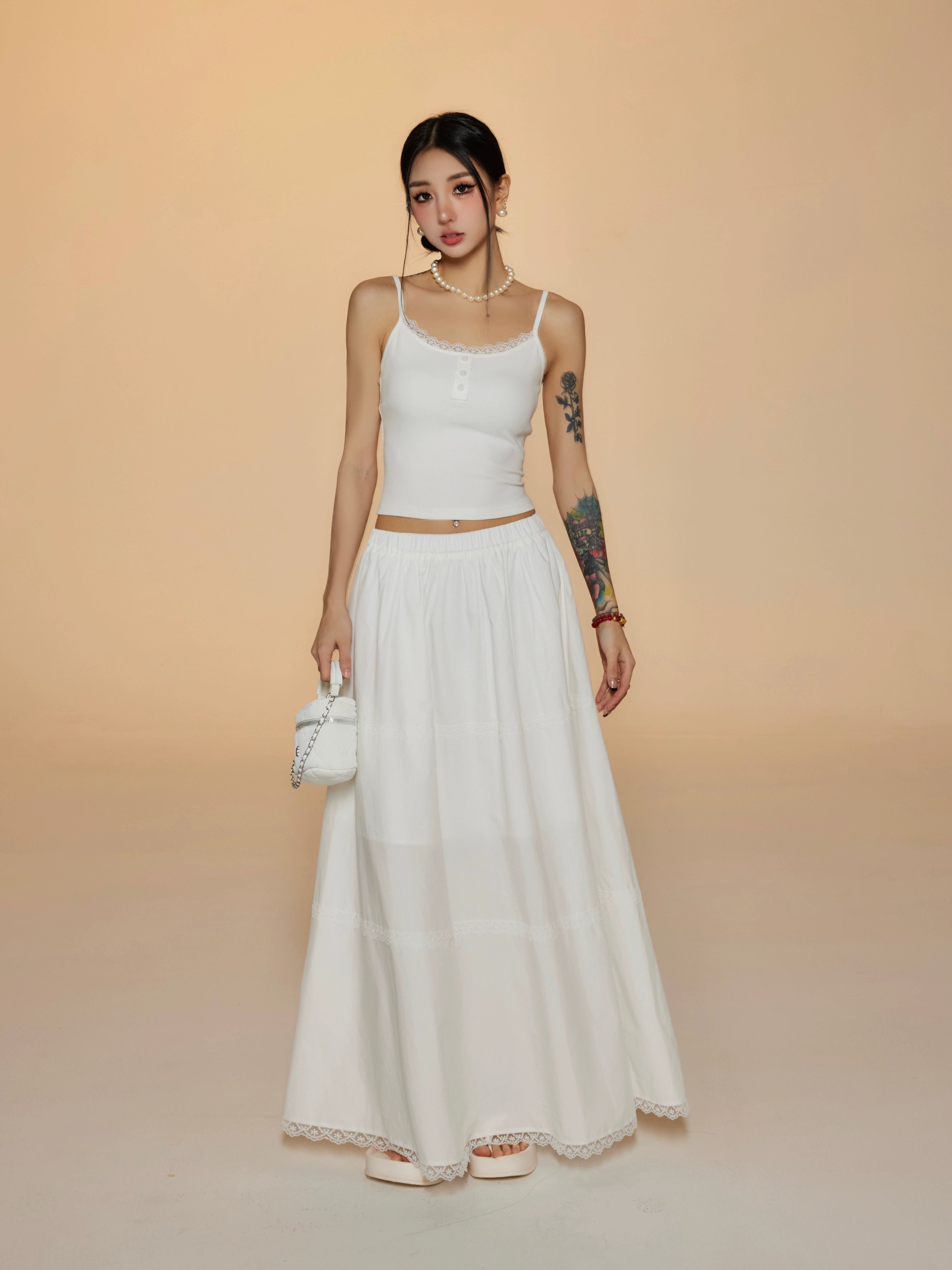 野生zerocircle 辣妹套装裙女春季白色蕾丝吊带背心显瘦a字长裙子