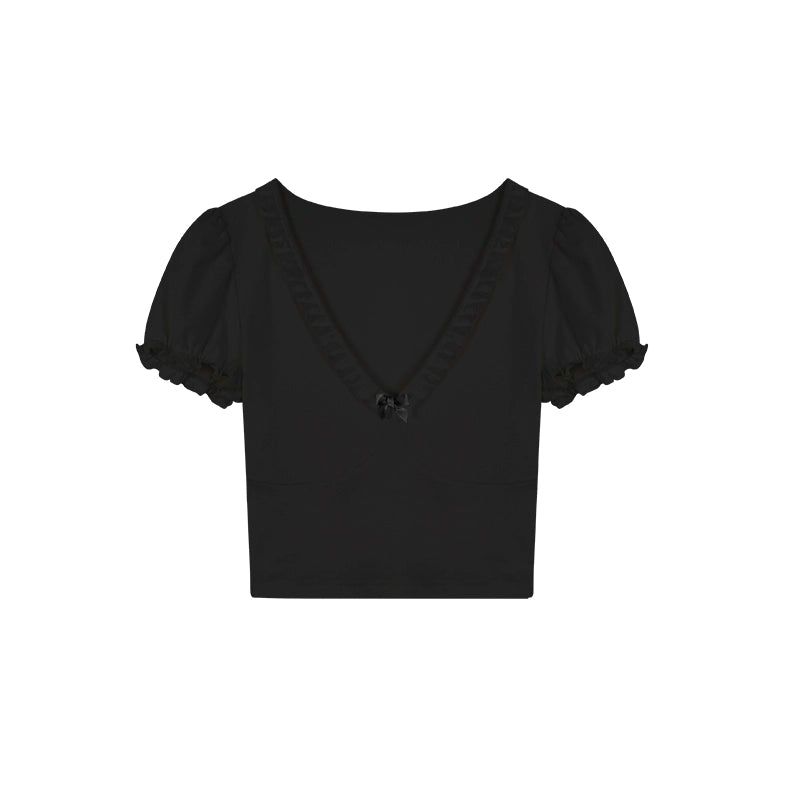 野生zero泡泡袖v领修身显瘦甜辣小上衣女夏季白黑色设计感短款t恤