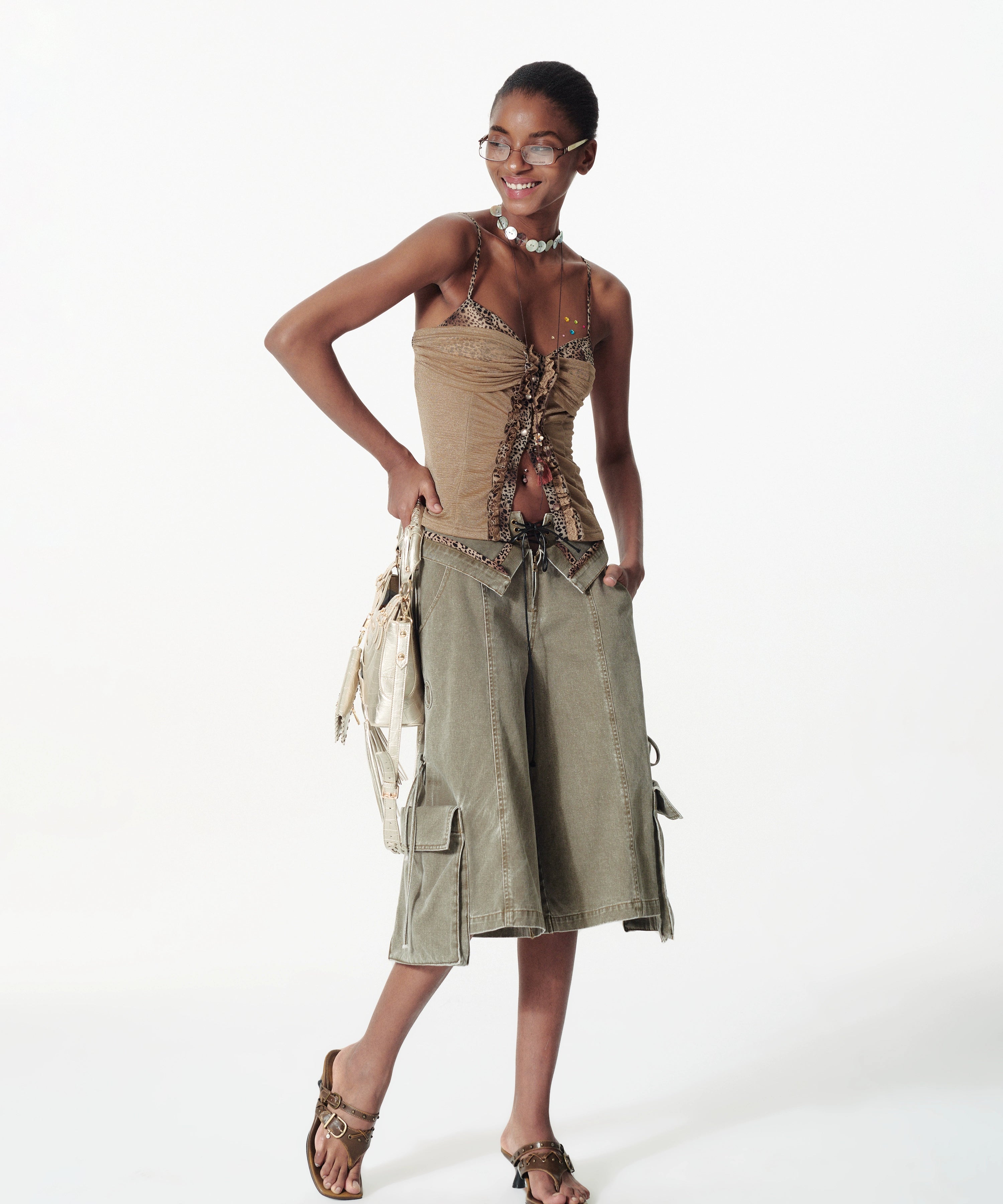 2th Desire亮闪修身曲线豹纹肌理荷叶边蕾丝花边拼接针织吊带背心