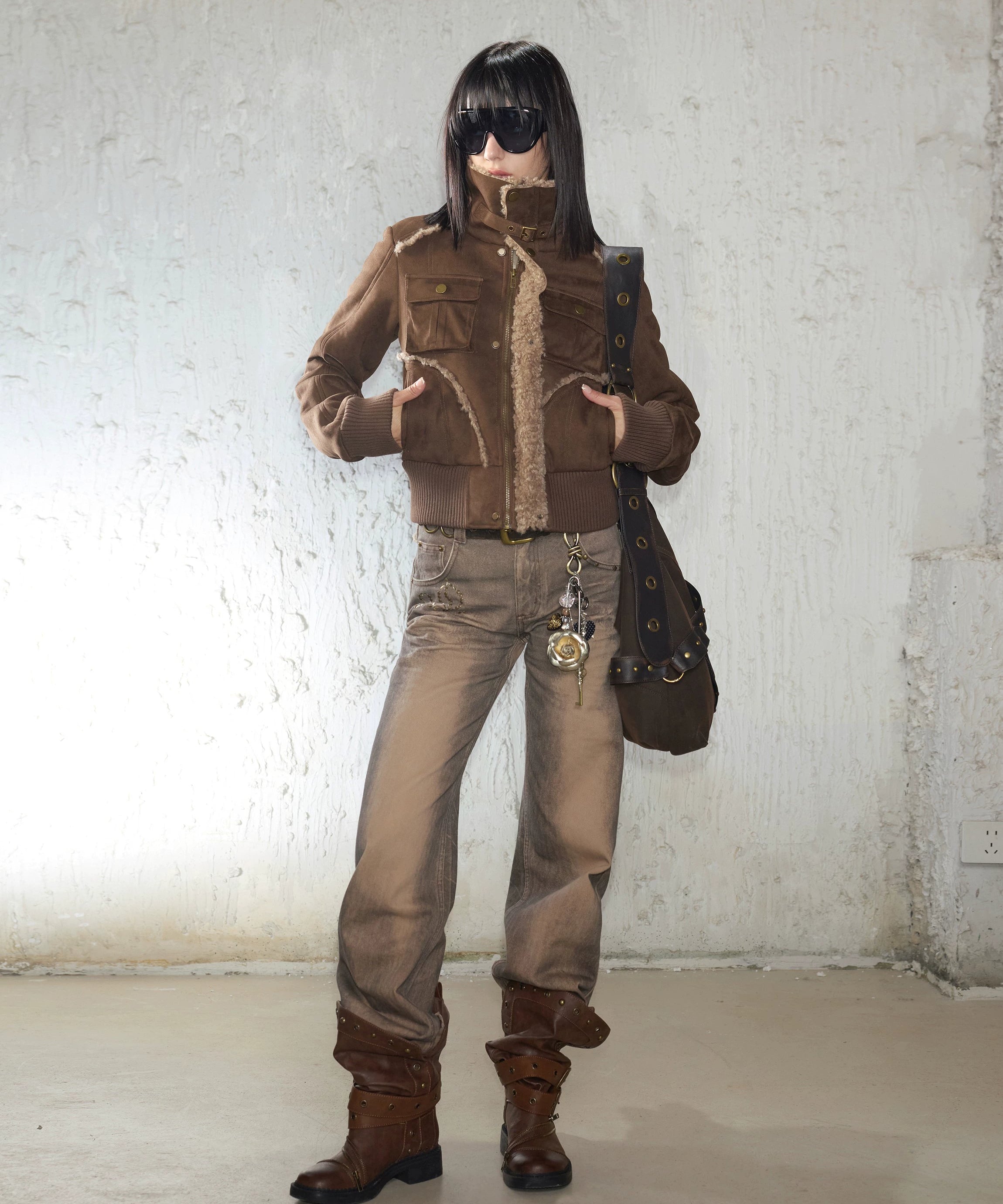 2th Desire原创复古皮毛一体罗纹保暖毛毛翻领短款拉链夹克外套