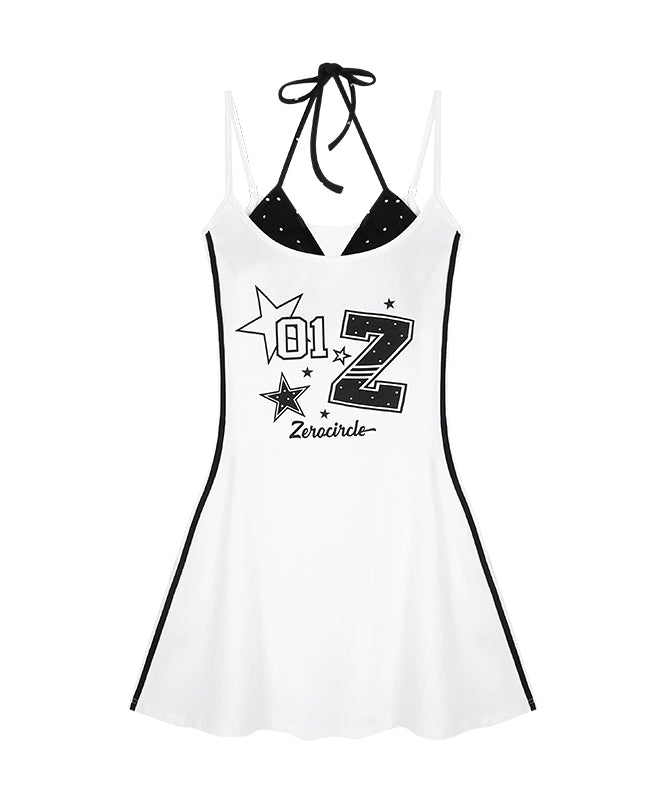 野生zero黑白黄色假两件印花吊带连衣裙女夏修身显瘦又甜又辣裙子