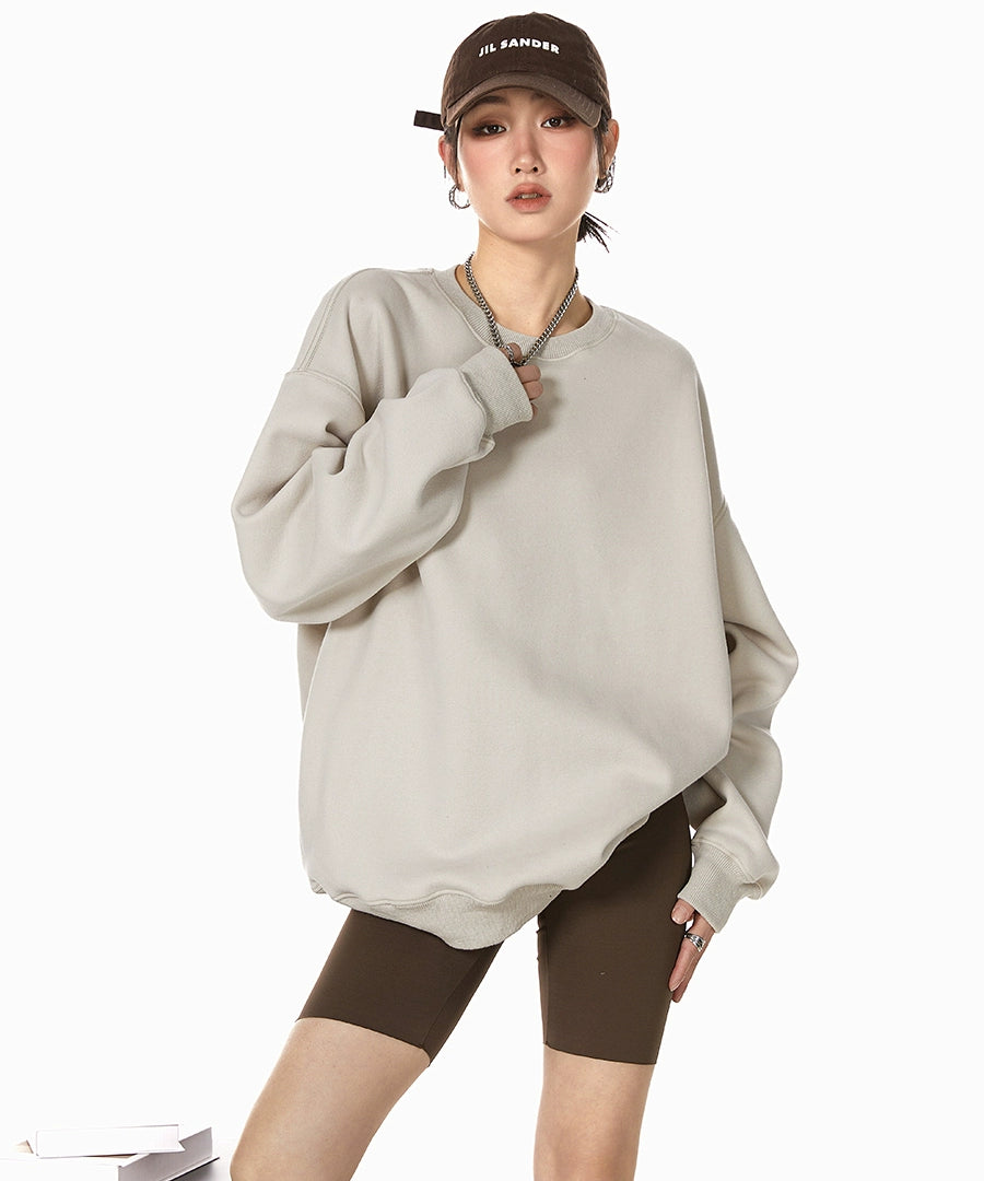 ICH MODE 美式圆领灰色卫衣女秋冬新款宽松慵懒纯色套头外套上衣